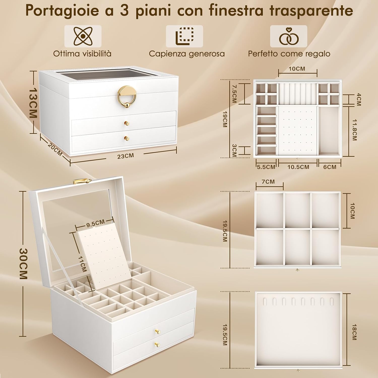 Thumbnail 2 de OrderlyGo Portagioie a 4 ripiani grande: organizer per gioielli con coperchio trasparente (bianco)