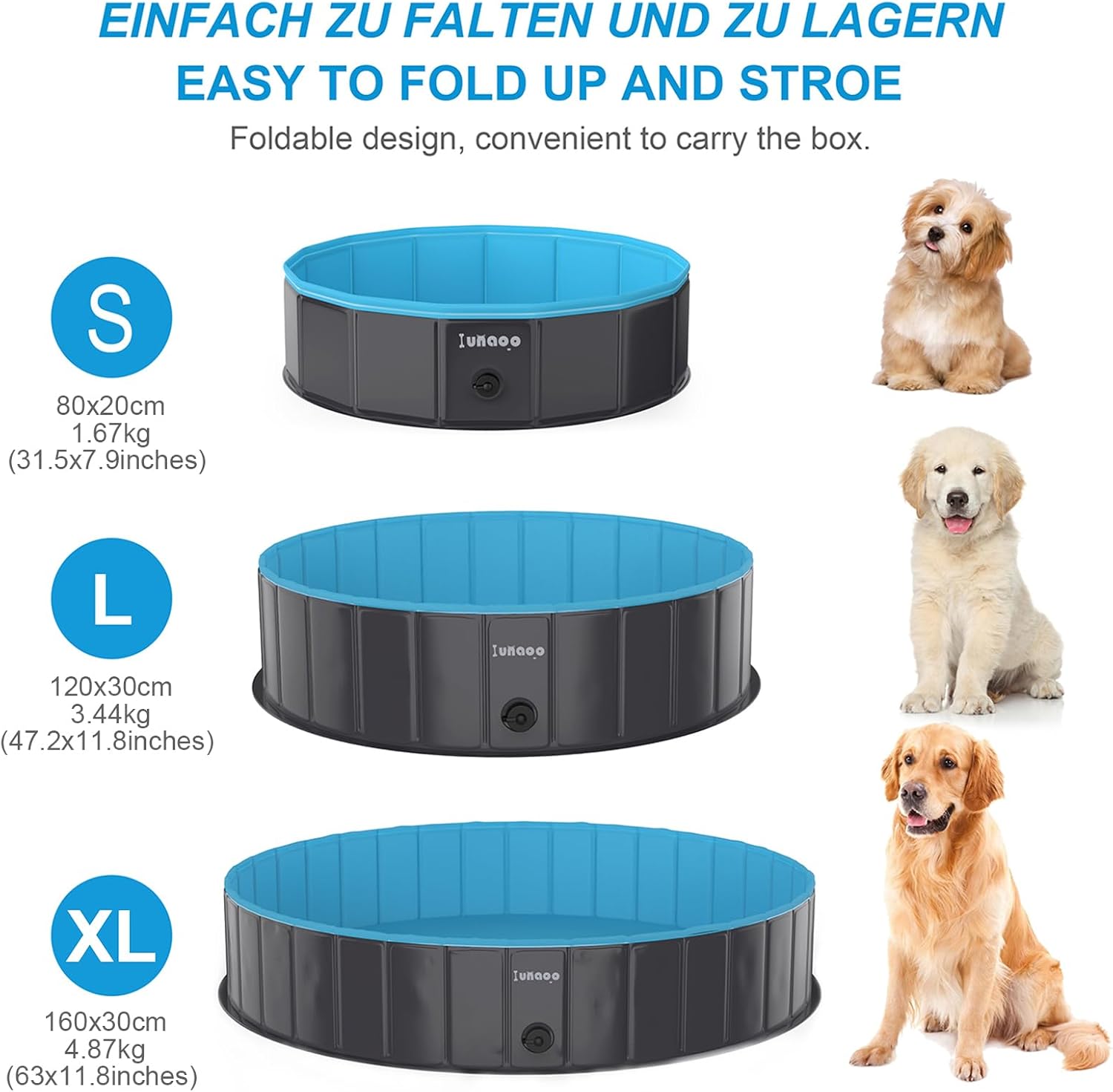 Thumbnail 5 de lunaoo Dog Paddling Pool Foldable Pet Swimming Pool (120 x 30 cm) – portable PVC dog bath tub, light blue