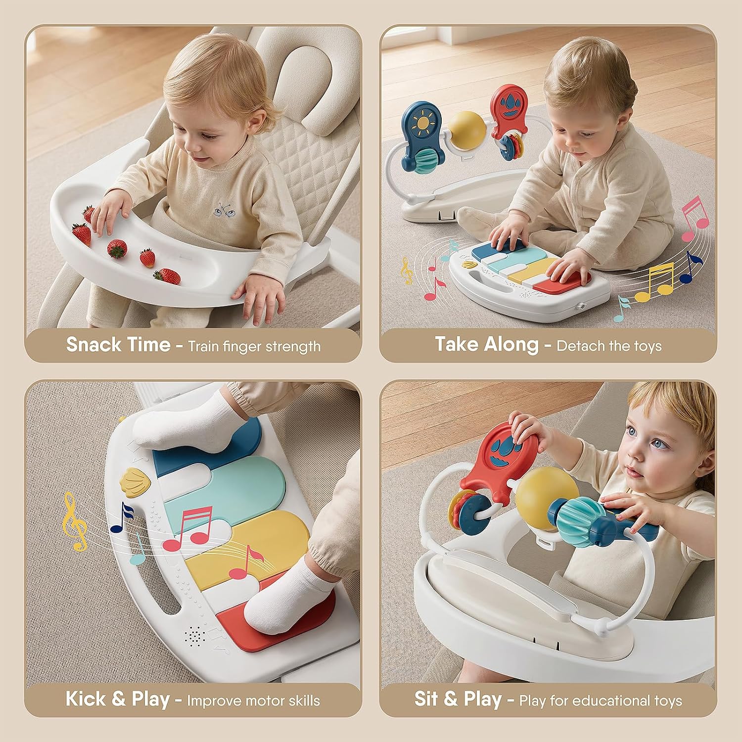 Detalle de Monamii Baby Bouncer with 3 Adjustable Positions, Feeding Tray and Piano