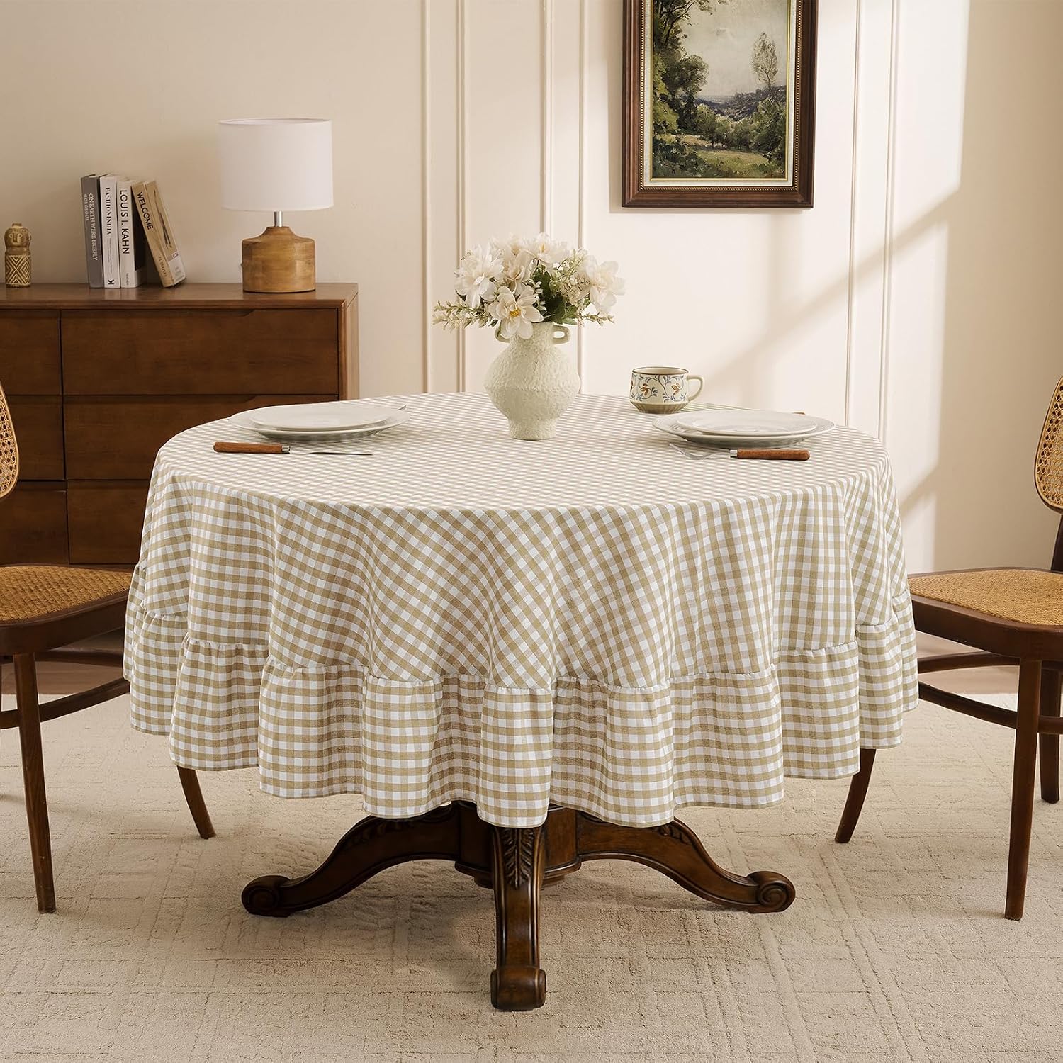 Thumbnail 2 de Romanstile Gingham Round Tablecloth with Ruffles - Taupe, 70-Inch, Water-Resistant Linen Cotton (Outdoor Use)