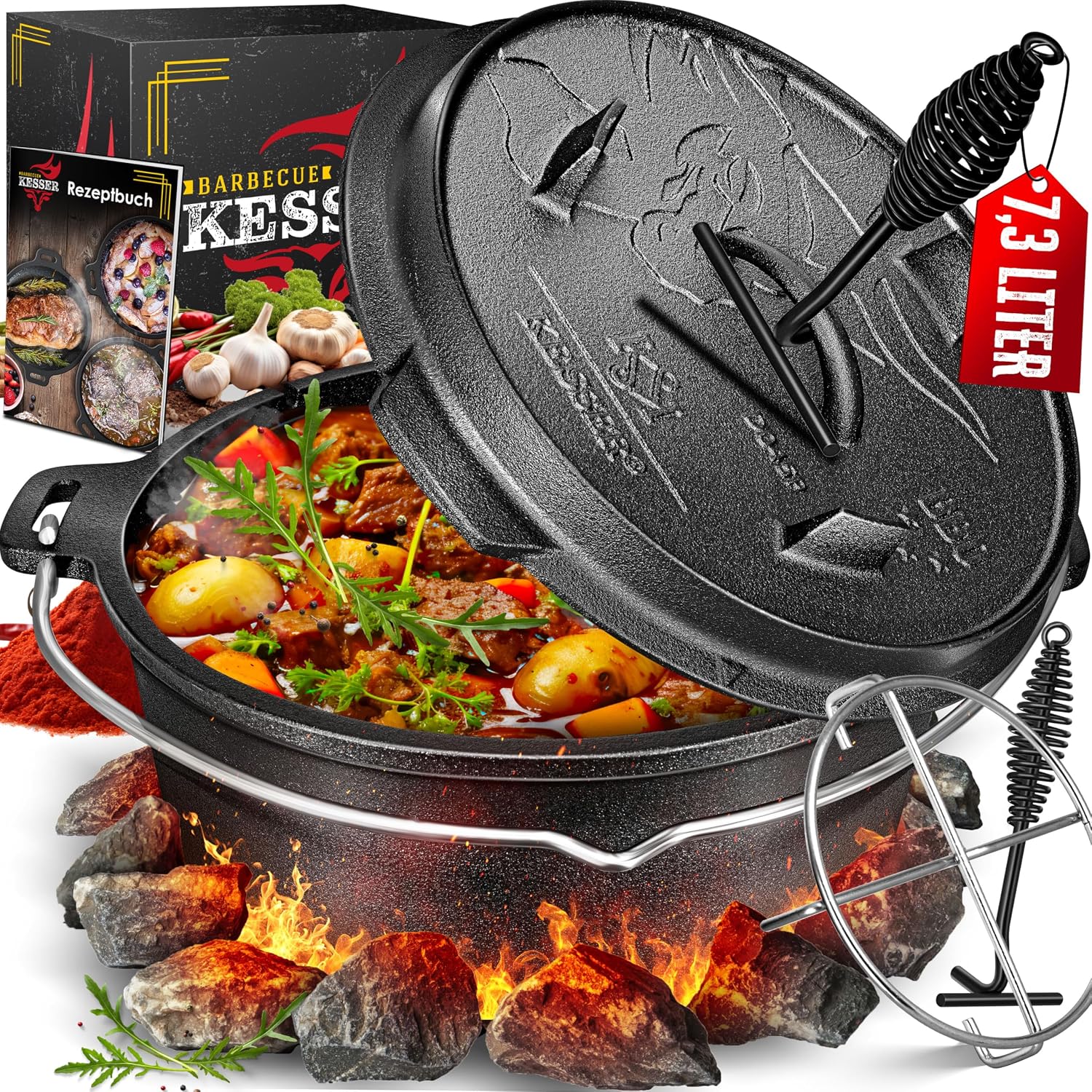 Detalle de KESSER® Dutch Oven Set BBQ 7,3 Liter – Schmortopf & Feuertopf aus Gusseisen mit Edelstahleruntersetzer