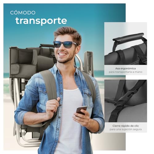 Thumbnail 4 de tectake Silla Playa Plegable con Respaldo Ajustable y Bolsa Térmica – 1 Unidad, Gris
