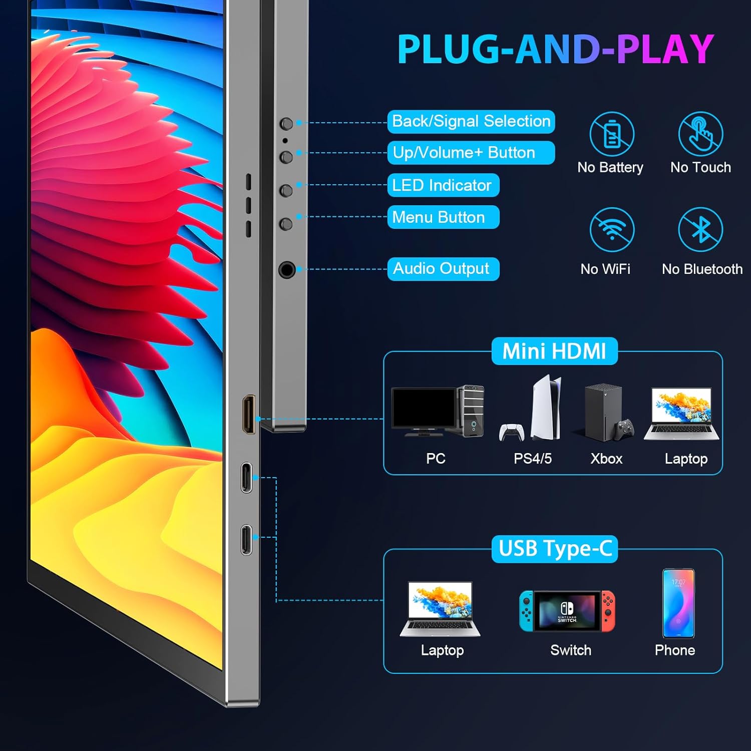 Thumbnail 3 de 18.5-Inch Portable Monitor for Laptop: 120Hz Full HD Second Screen with HDR, USB-C and VESA Stand