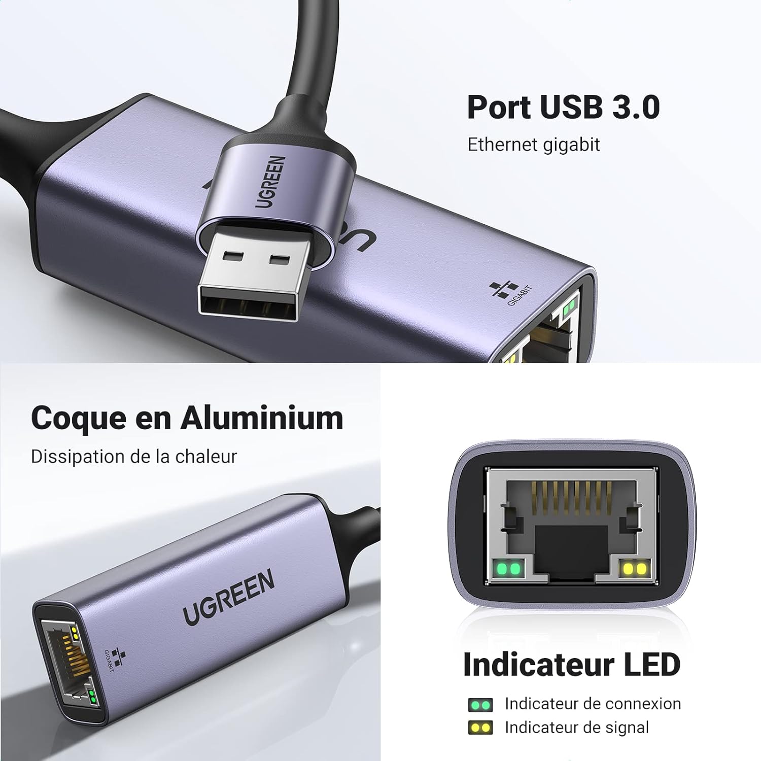 Thumbnail 4 de UGREEN Adaptateur USB vers Ethernet Gigabit 1000 Mbps RJ45 (USB 3.0, Plug & Play) — Gris