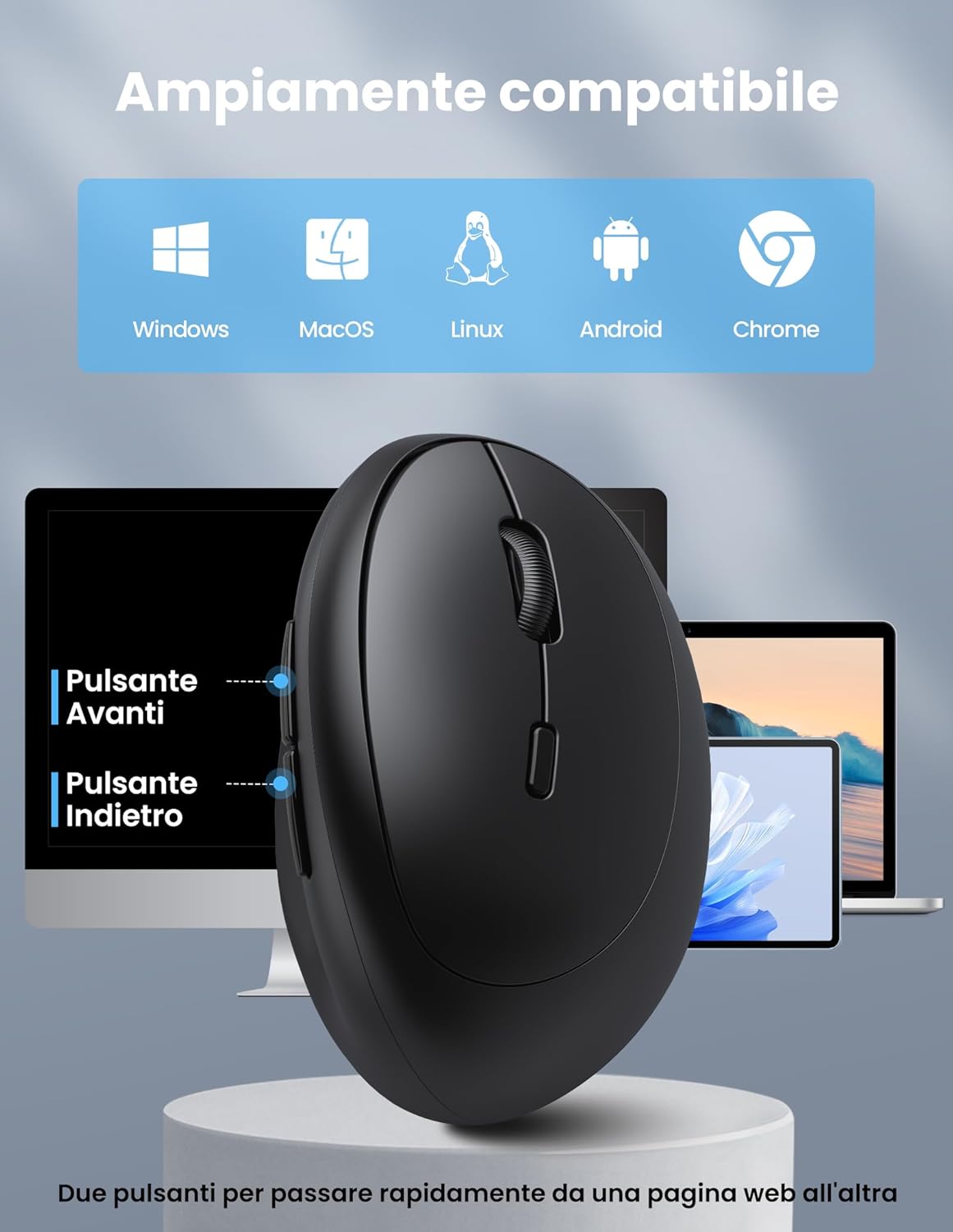 Thumbnail 6 de TECKNET Mouse Verticale Ergonomico Bluetooth 5.0/3.0 + 2.4G, DPI 4800, Silenzioso, 6 Bottoni, Nero