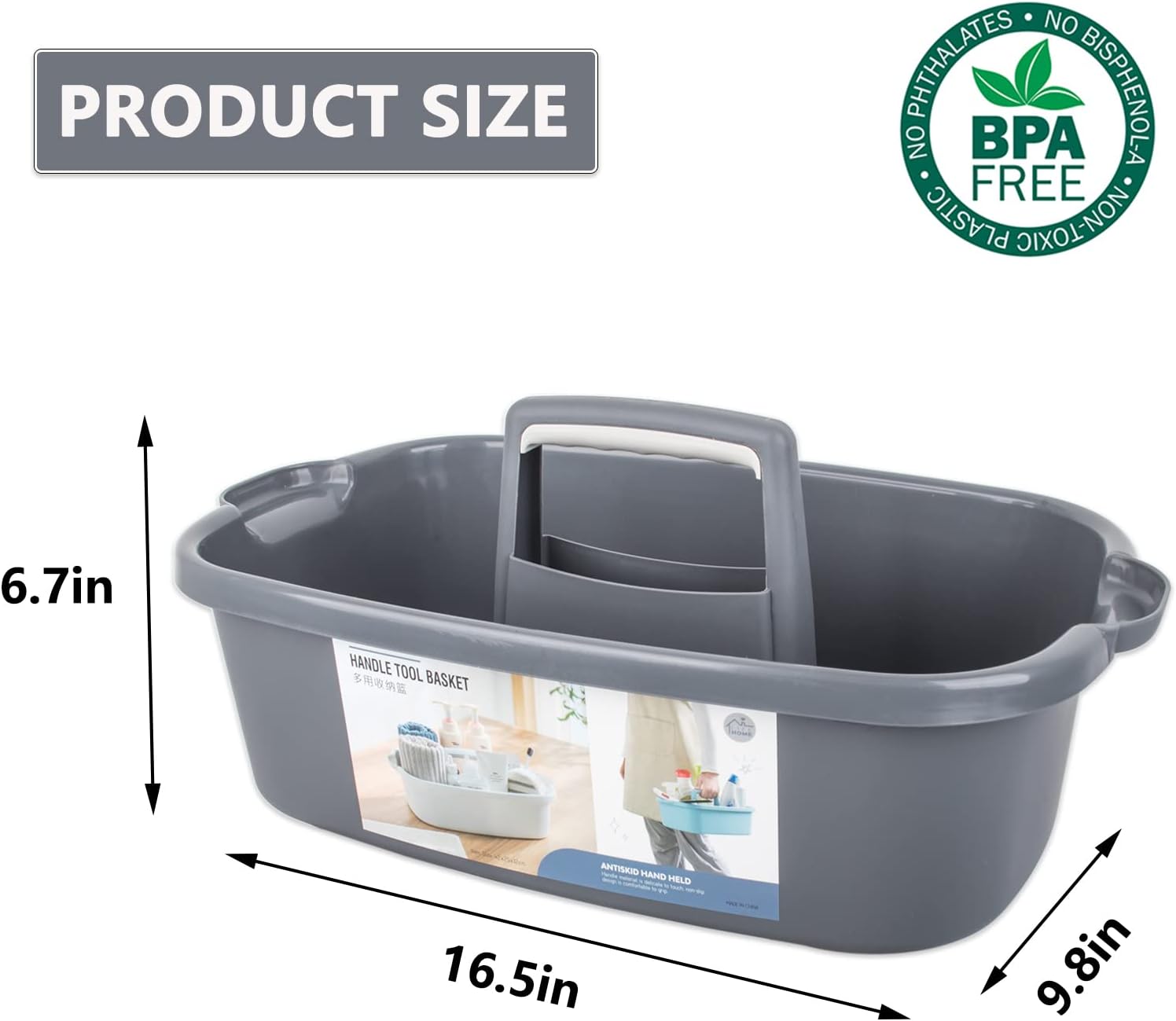 Detalle de JiatuA Large Cleaning Supplies Caddy, Dark Gray Plastic Basket with Handle