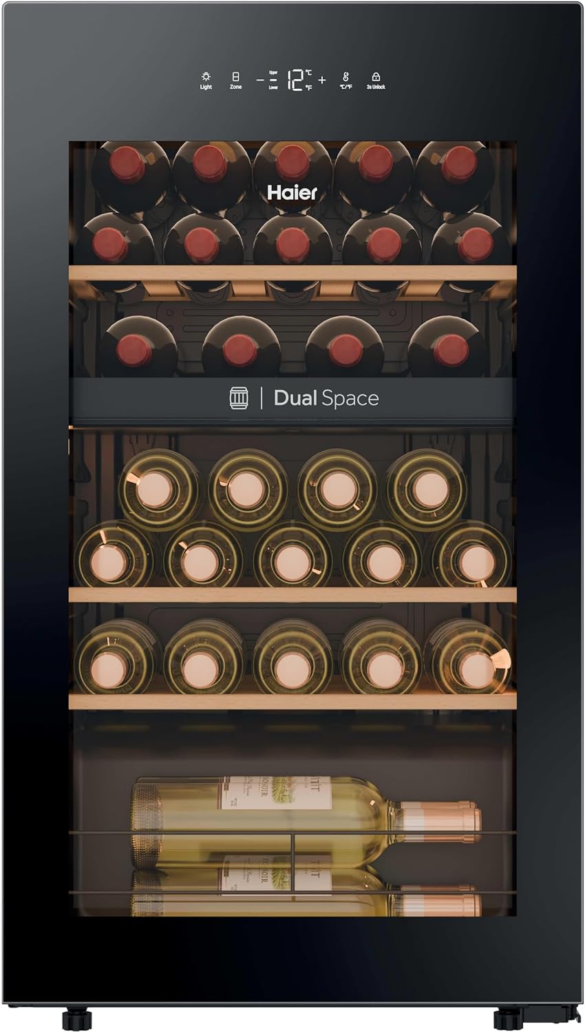 Detalle de Haier Wine Bank 50 Series 5 HWS32GDG: Vinoteca de 32 botellas con 2 zonas y filtro anti-UV