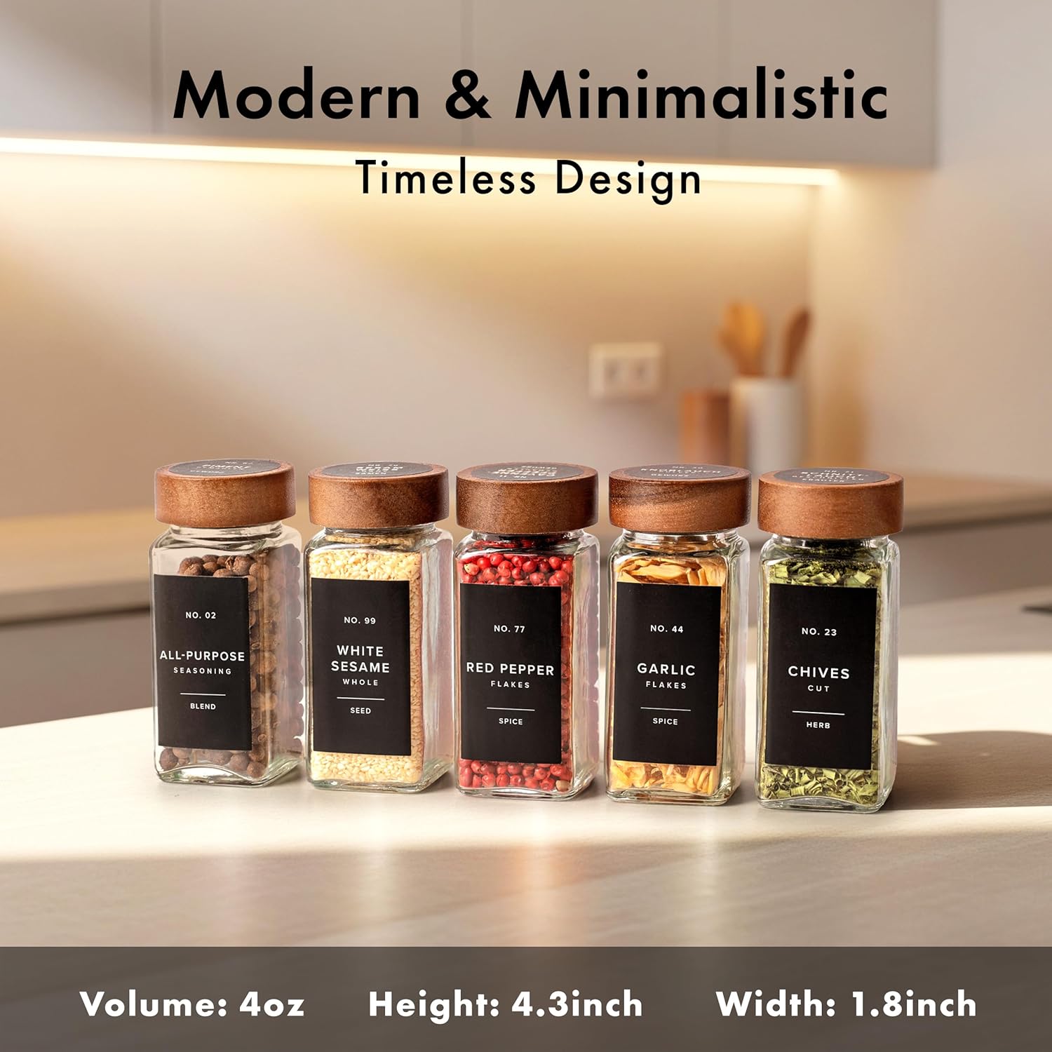 Detalle 2 de EDELHAUS Square Spice Jars with Acacia Wooden Lid (Pack of 24) | Glass Containers with Shaker Inserts, 240 Labels, and Cleaning Brush