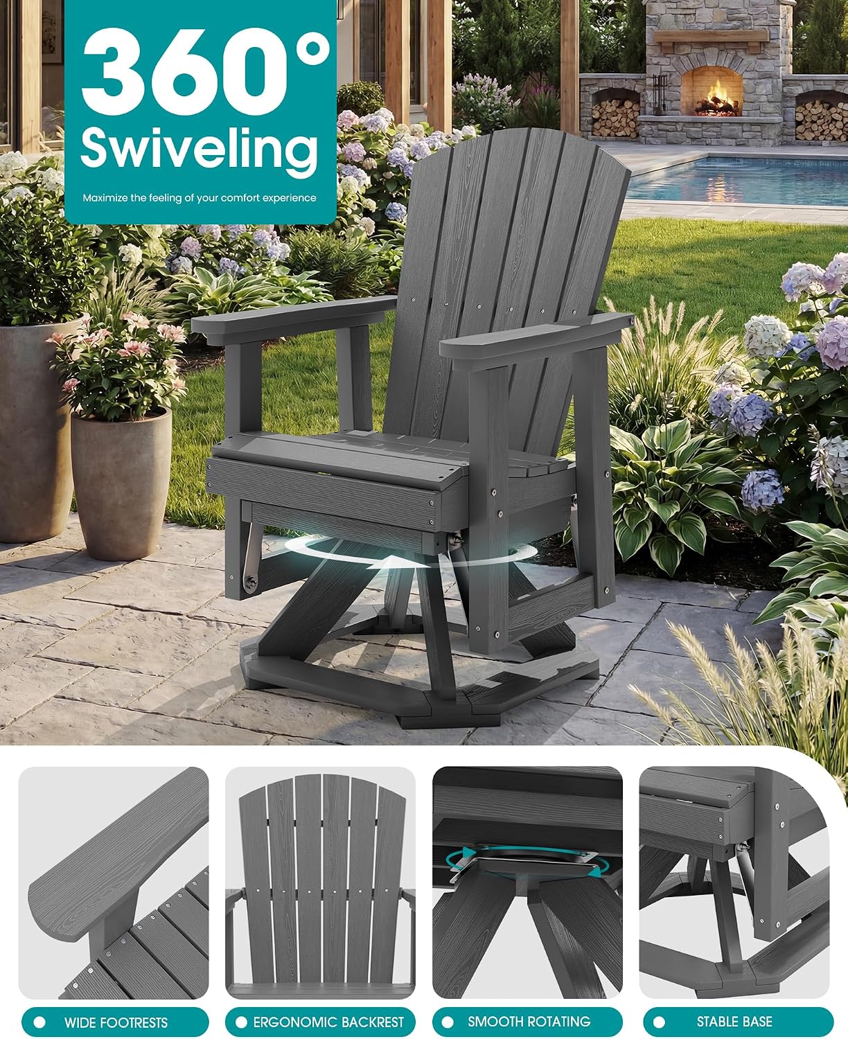 Thumbnail 4 de SERWALL A041-156 Adirondack Swivel Glider Chairs, Set of 4, HDPE, Gray