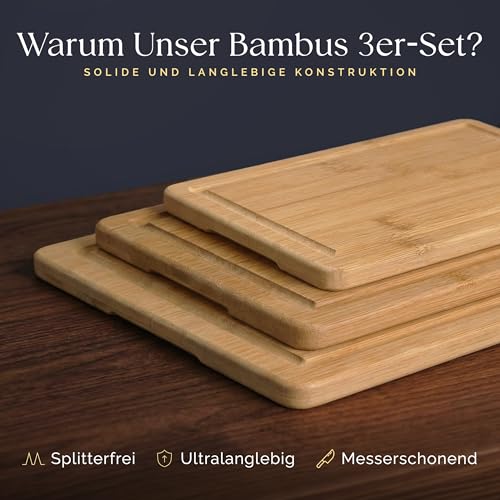 Detalle de Deer & Oak Schneidebrett-Set aus Bambus 3-teilig – vorgeölt, mit Saftrille und Griffen