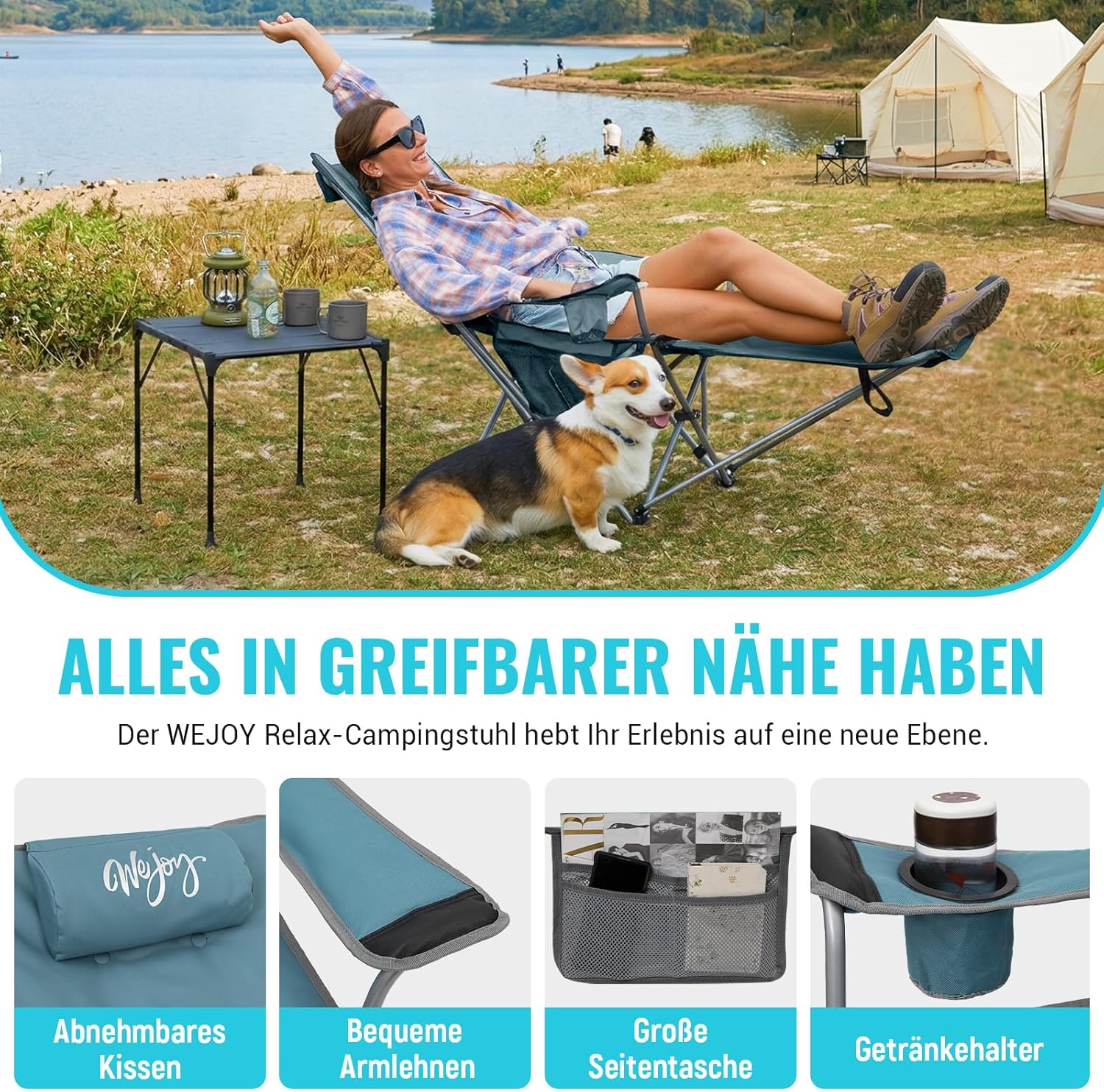 Thumbnail 6 de WEJOY 2-in-1 Campingstuhl Faltbar mit Fußstütze – gepolstert, 3 Positionen, 2er Set ( Cyan )
