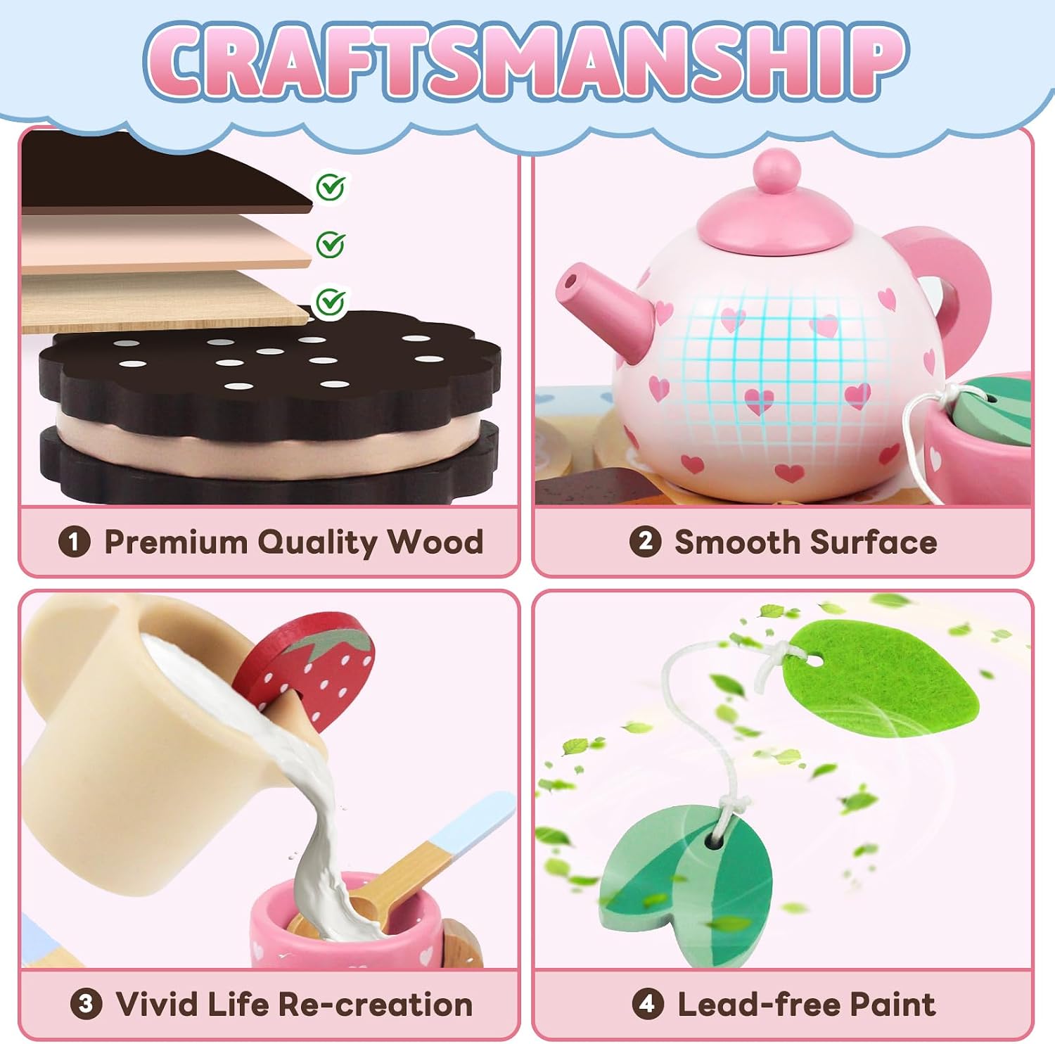 Detalle de Beberolen Sweetheart Tea Party Set – teservis i trä med tekanna och tillbehör