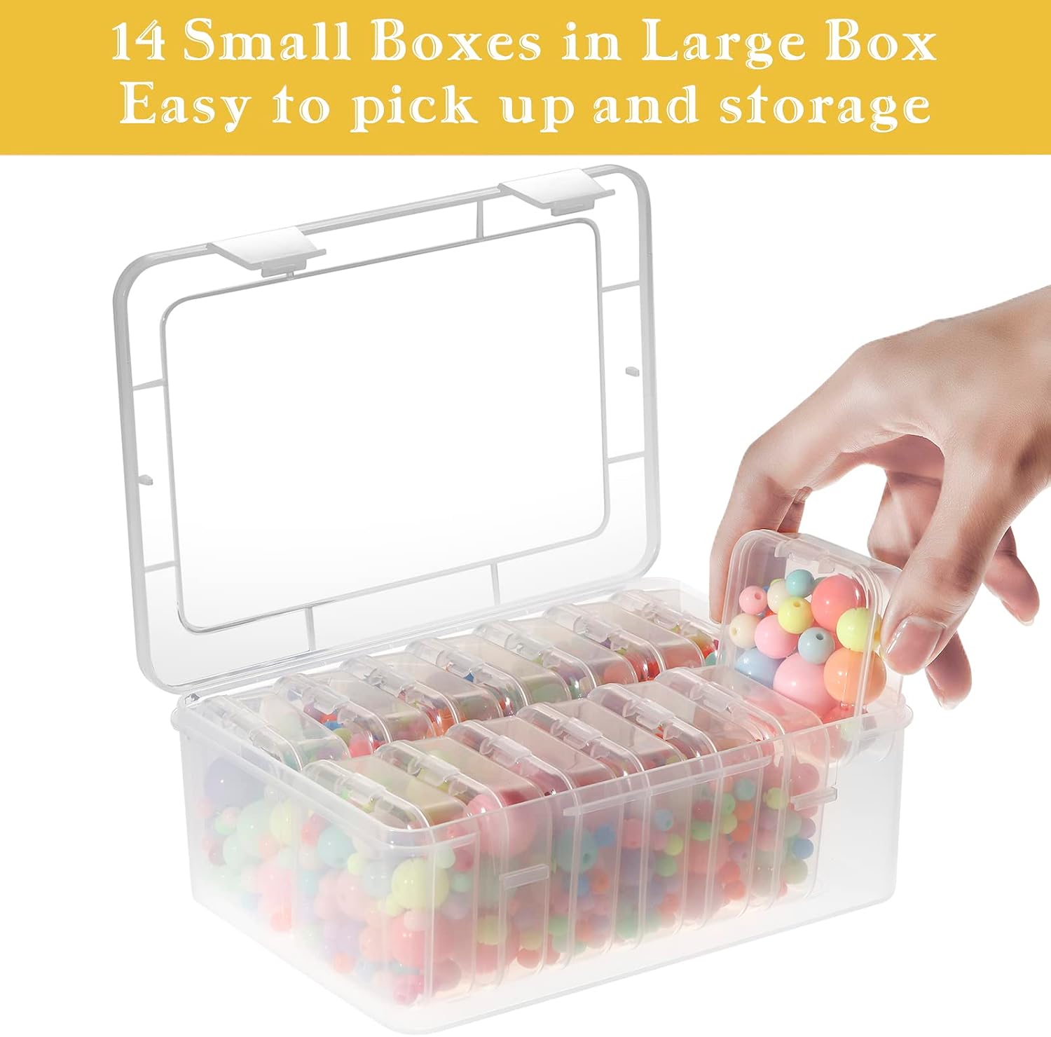 Detalle 2 de Mathtoxyz 14-Piece Bead Organizer Set, Clear Plastic Boxes with Hinged Lids