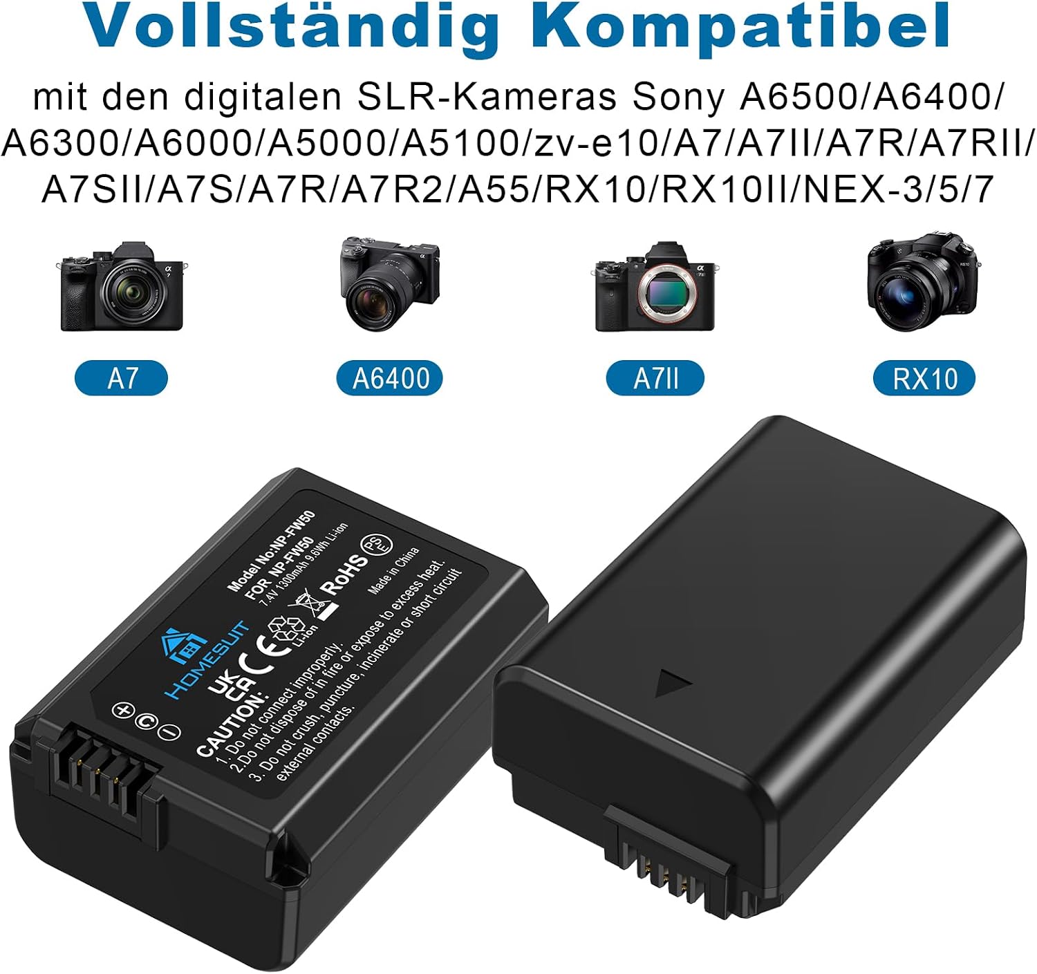 Detalle de Homesuit NP-FW50 Akku-Set (2er-Pack) mit USB LCD Ladegerät – kompatibel mit Sony ZV-E10 und vielen A-, NEX- Modellen