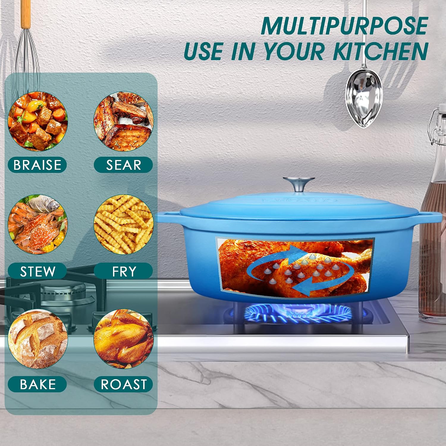 Thumbnail 6 de Vancasso 37cm Oval Cast Iron Casserole Dish with Dual Handles and Lid, 8 L, Enamelled Blue
