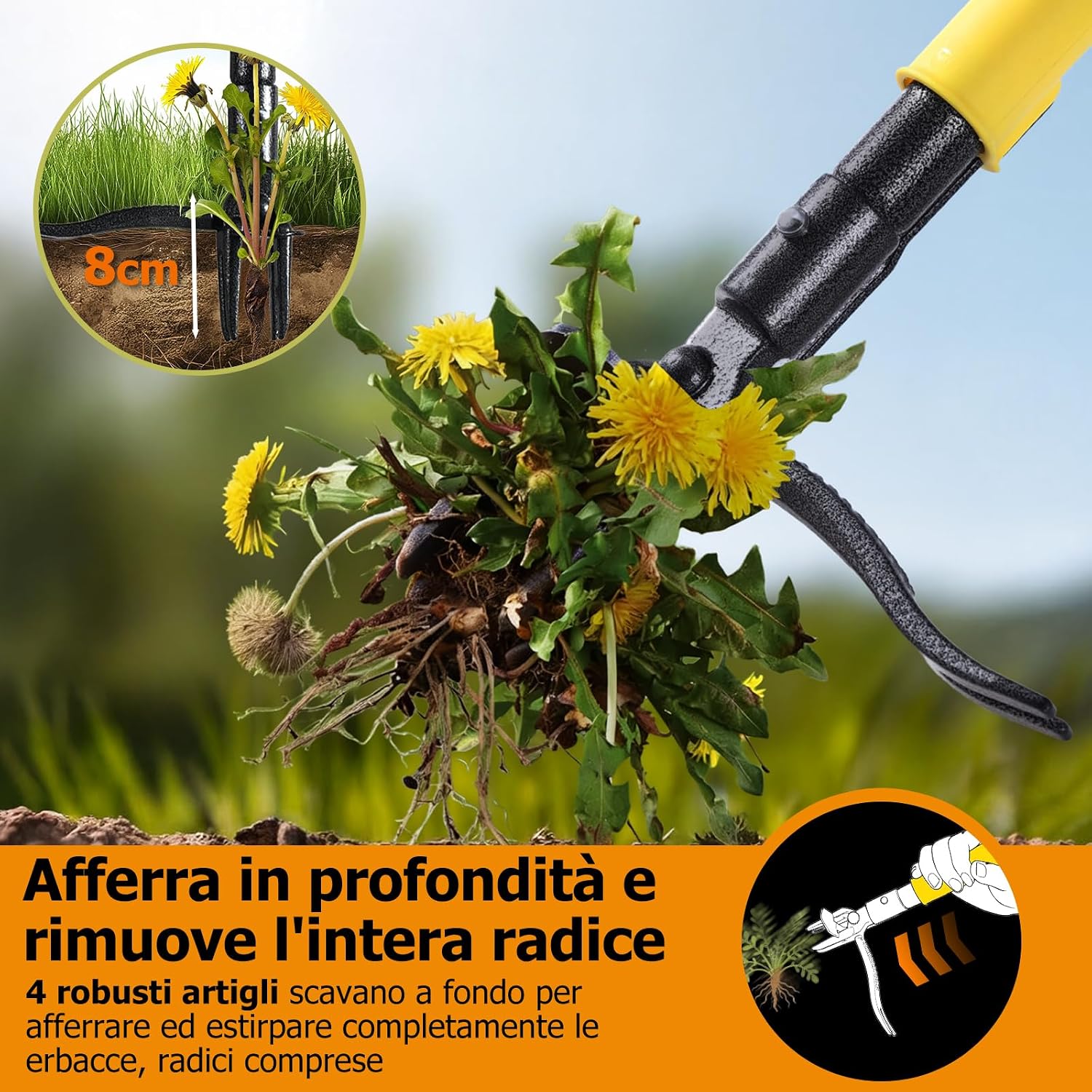 Detalle 2 de Estirpatore per Erbacce e Denti di Leone, 109 cm, con 4 Artigli in Acciaio e Sistema di Espulsione a Scorrimento