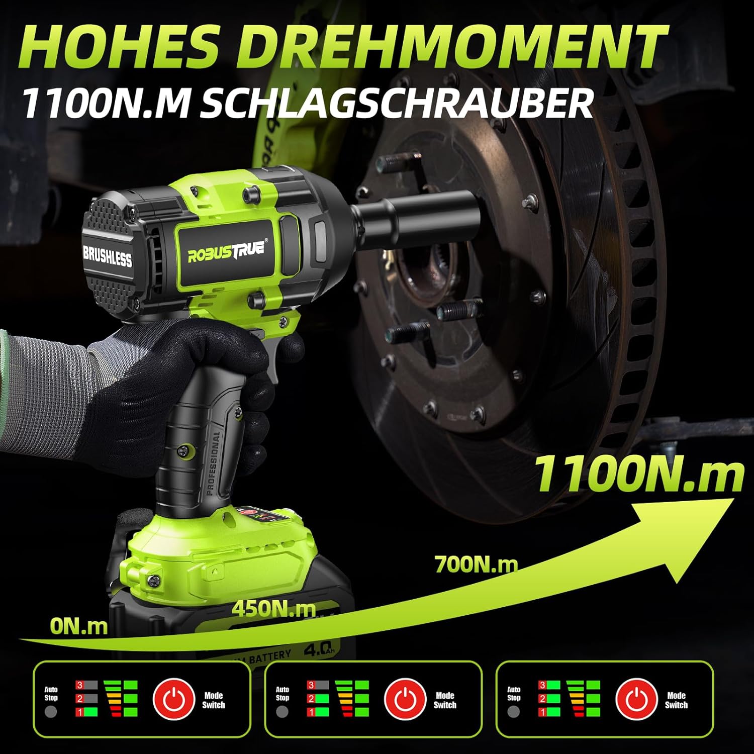 Thumbnail 3 de Robustrue 1100 N.m Clé à Chocs Sans Fil Brushless 1/2'' — kit 21V 4.0Ah, 4 douilles et accessoire