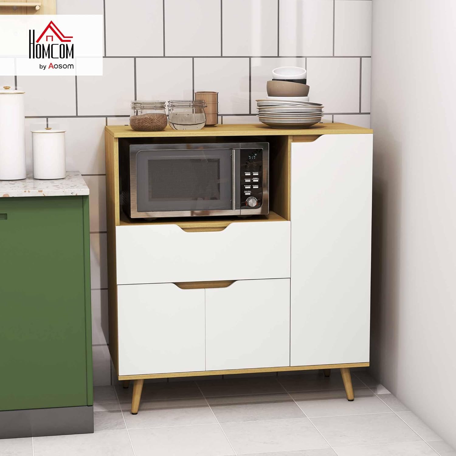 Thumbnail 1 de HOMCOM Meuble Micro-ondes Buffet Cuisine 90 x 40 x 98,5 cm – Naturel et Blanc