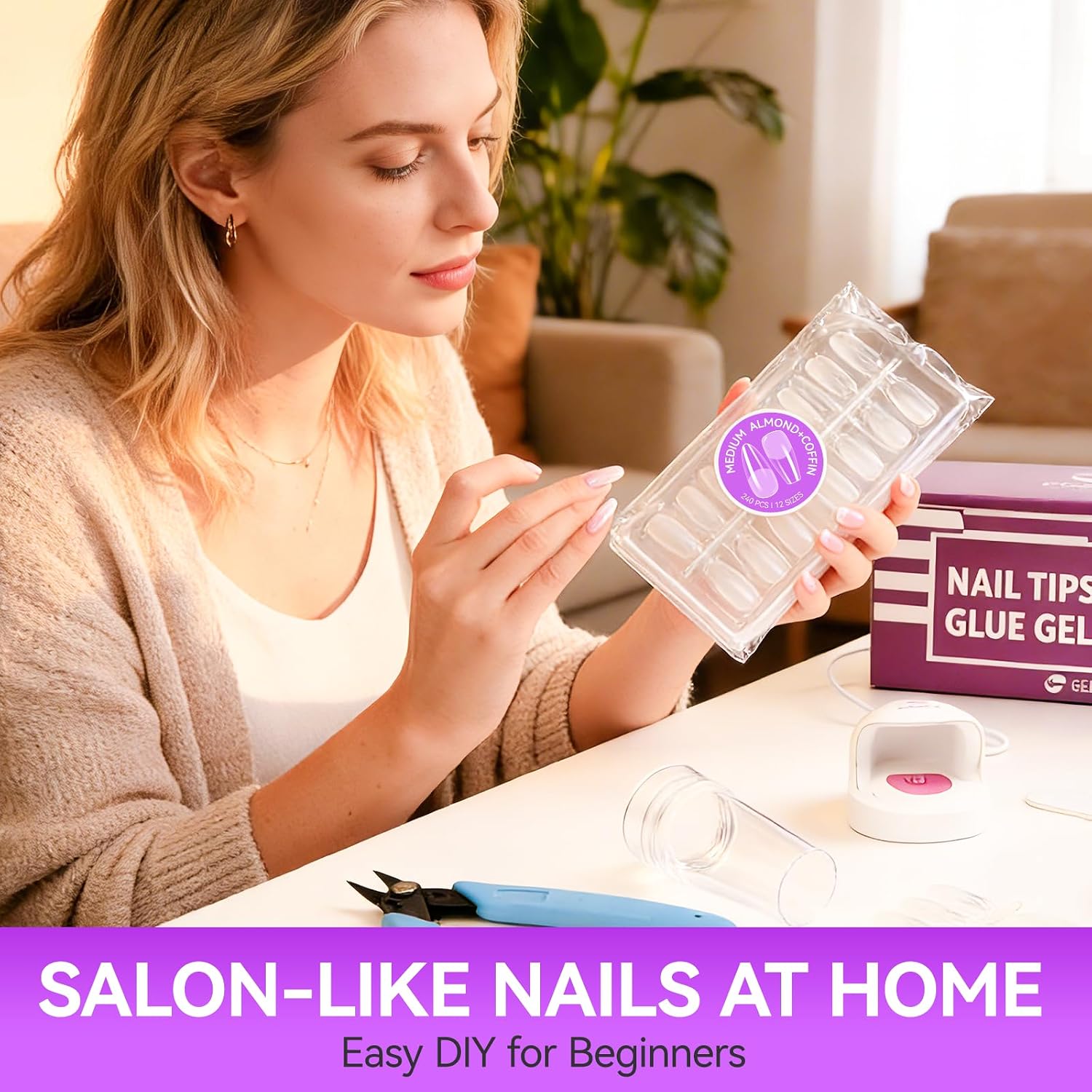 Detalle 2 de Gelike ec Gelnägel Starterset mit Nageltips und Nagelkleber – 240 Med/Almond & 8 ml Extra Stark Kleber