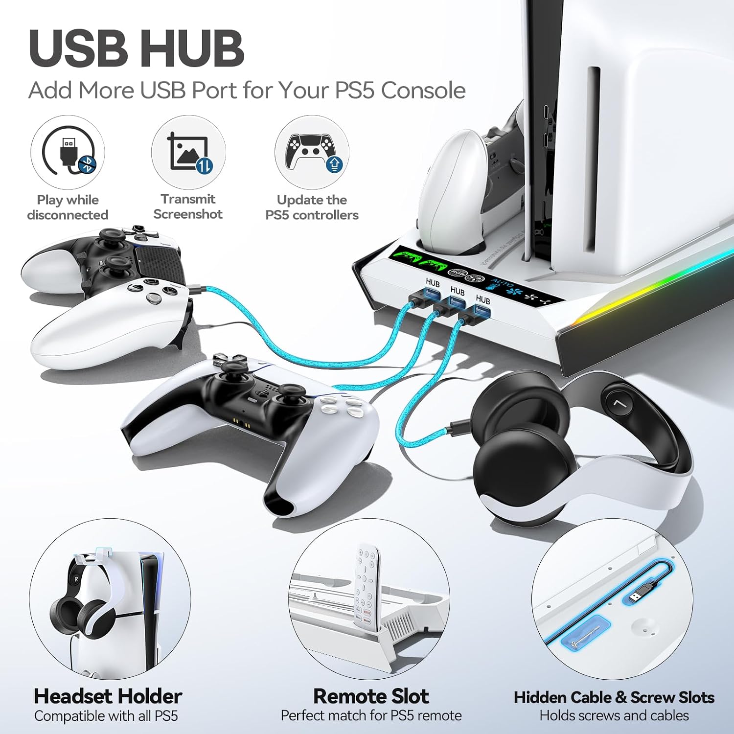 Detalle de PS5/ Pro/Slim Stand for Disc & Digital Console: Cooling, Charging and Docking Station