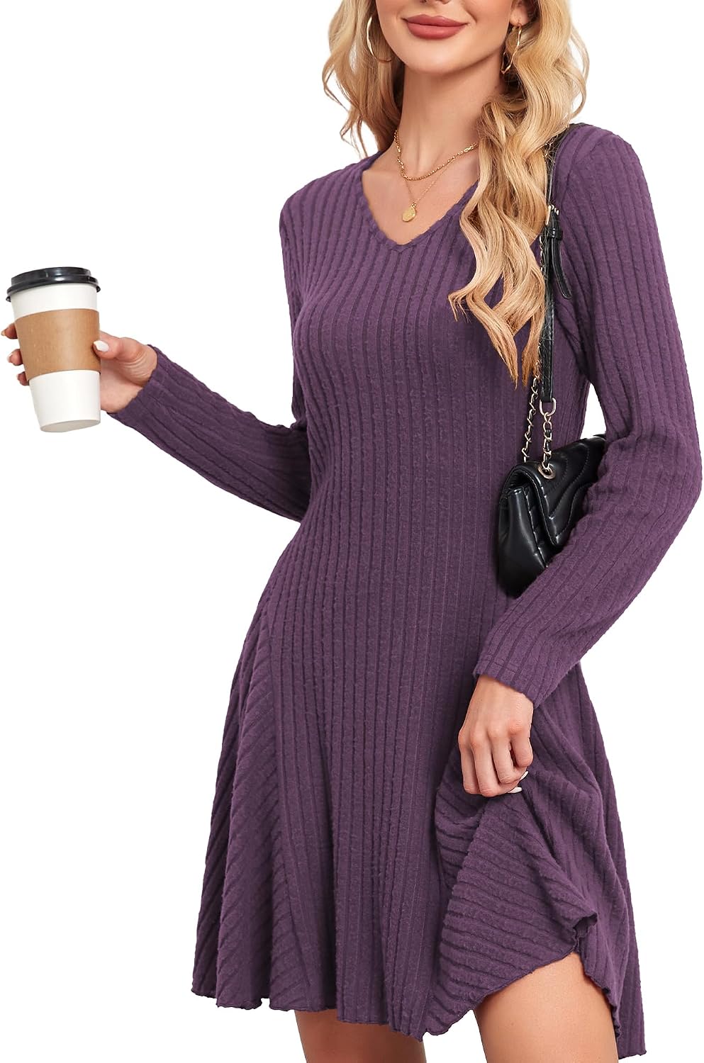 Detalle 2 de SENBATU Robe tricotée pour femmes – robe d’automne élégante à manches longues et col en V