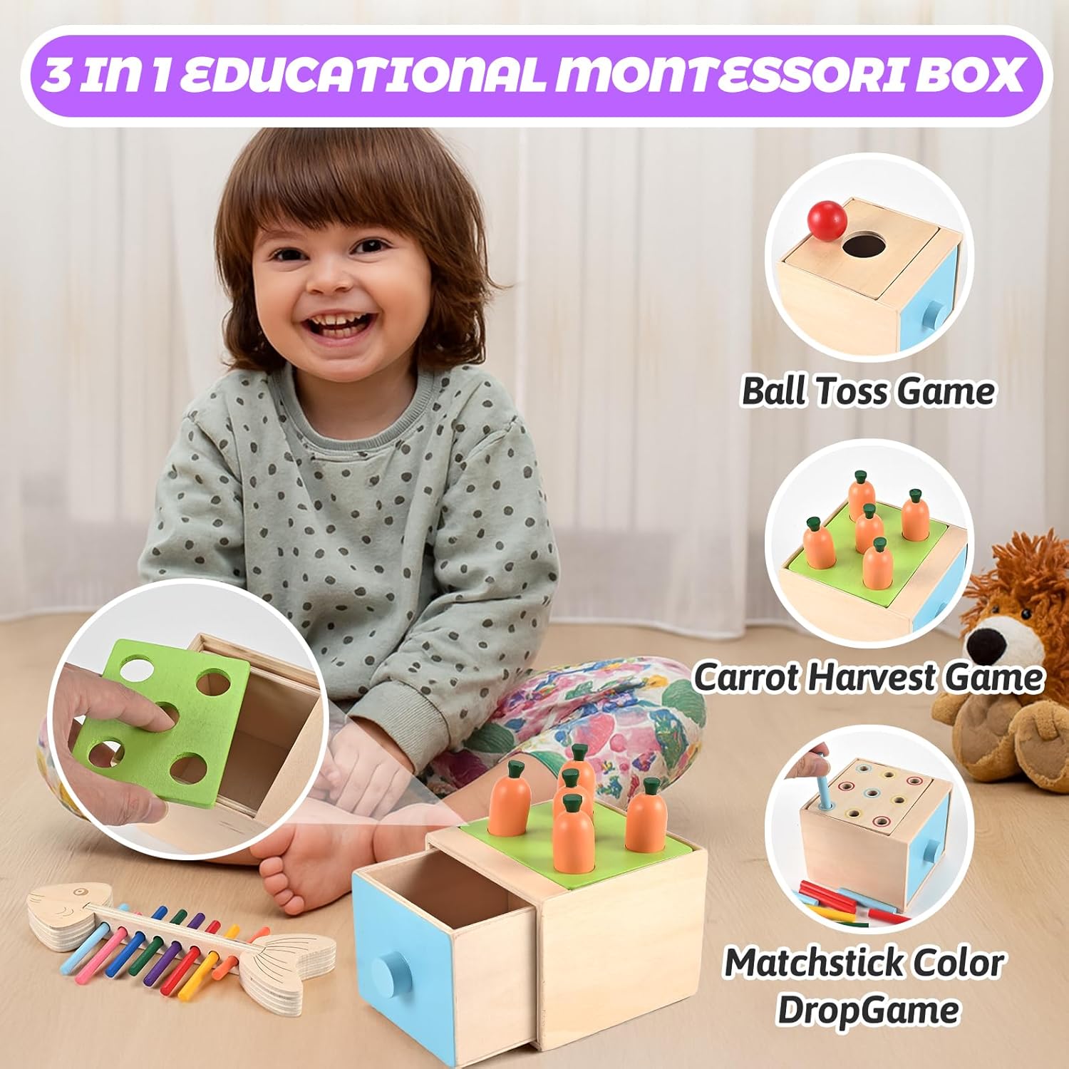 Thumbnail 2 de Wooderma 6-in-1 Montessori Toddler Sensory Toys: Wooden Stacking, Sorting & Plugging for 1+ Year Olds