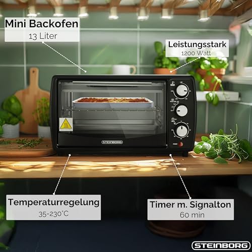 Detalle de Steinborg Mini Backofen 13 Liter: kompakter Allrounder für Backen, Toasten und Grillen