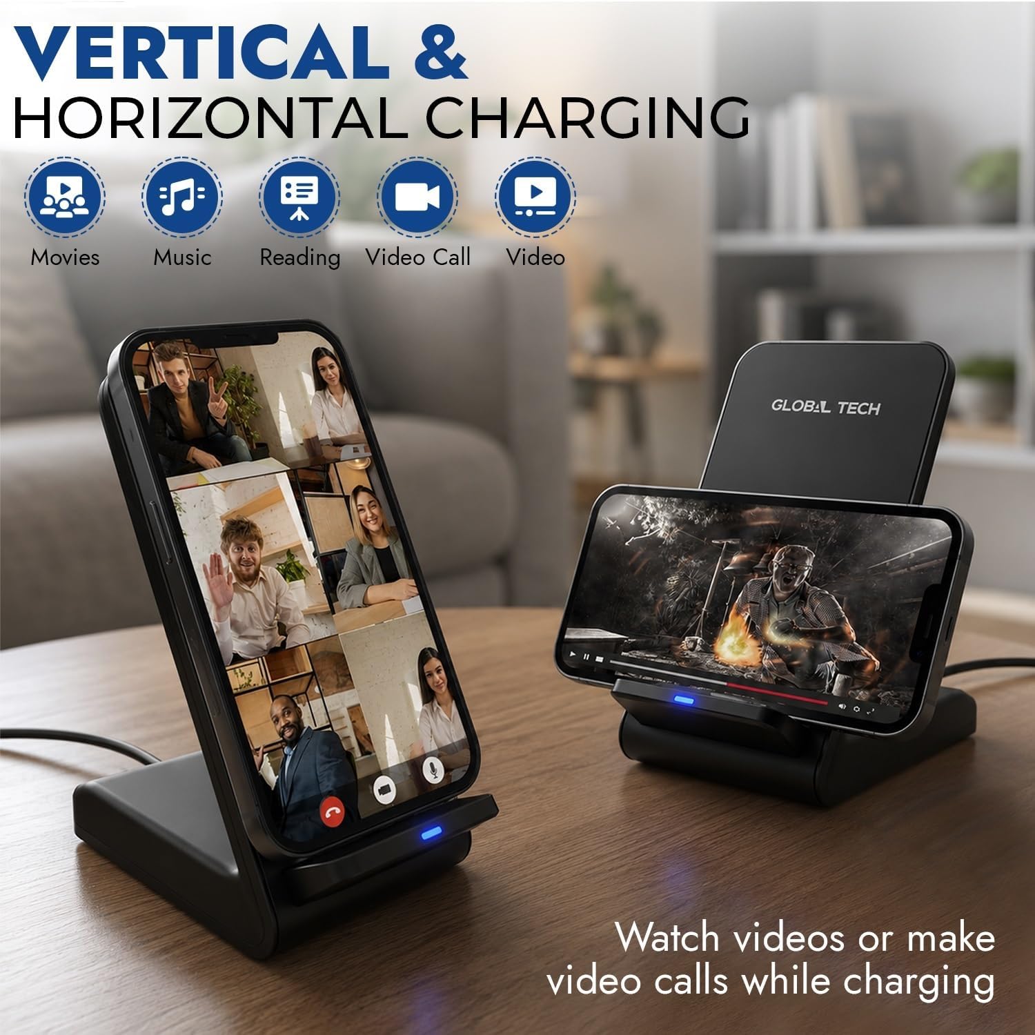 Detalle de Wireless Charger 15W Stand – 2-in-1 Wireless Charger & Phone Stand for iPhone, Galaxy, Pixel and more