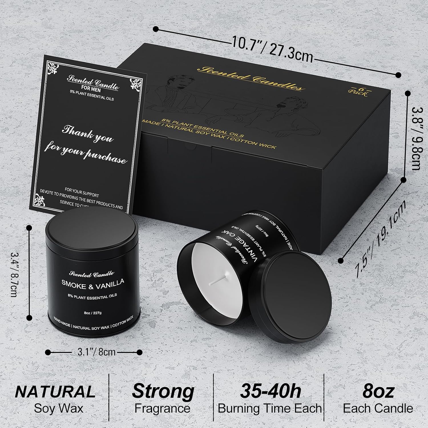 Detalle 2 de 6-Pack Scented Candles for Men – Whiskey Tobacco & More in a Premium Gift Box