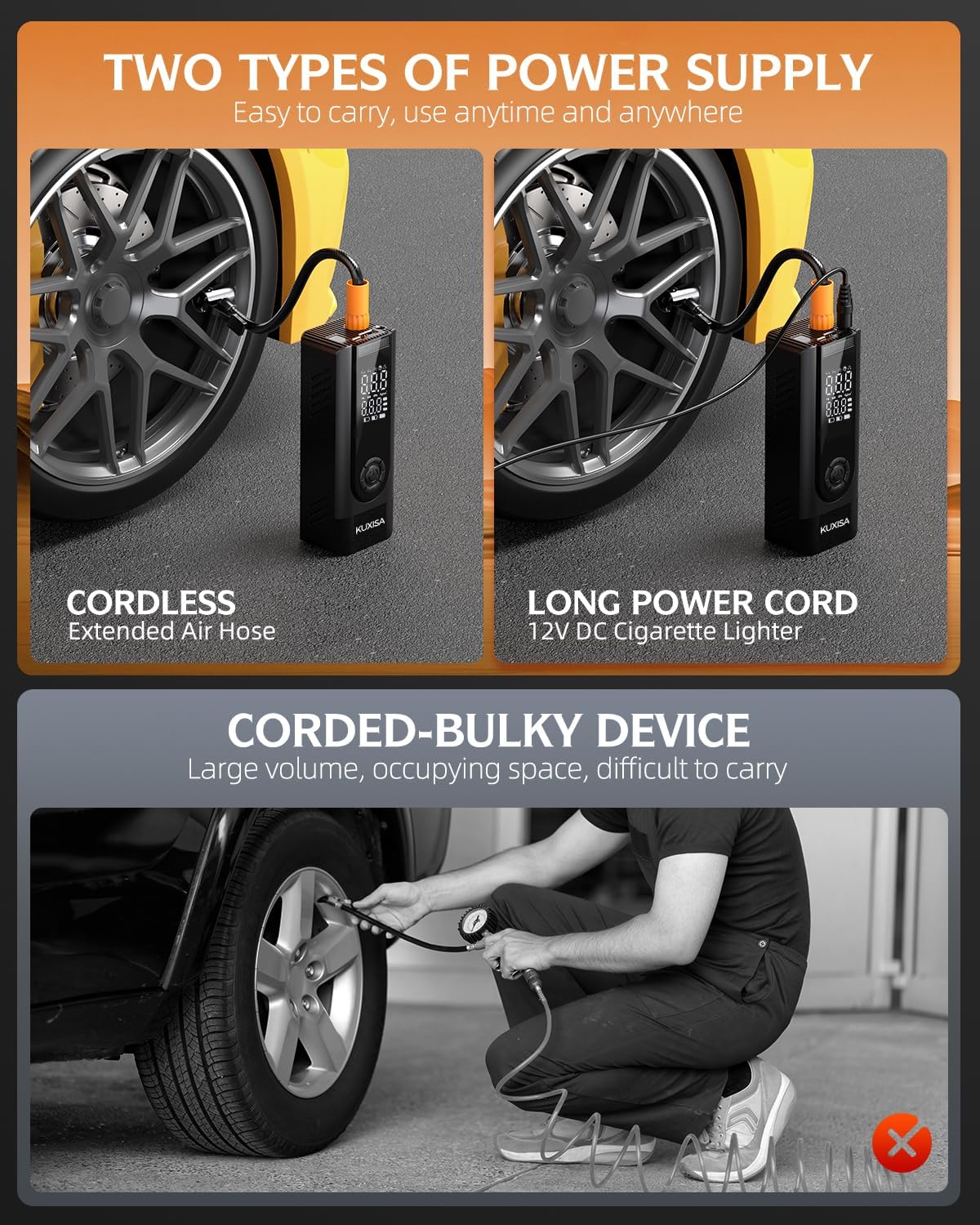 Thumbnail 1 de KUXISA Tire Inflator Portable Air Compressor: 180 PSI, 3x Faster Inflation, Dual Screen & Multi-Mode