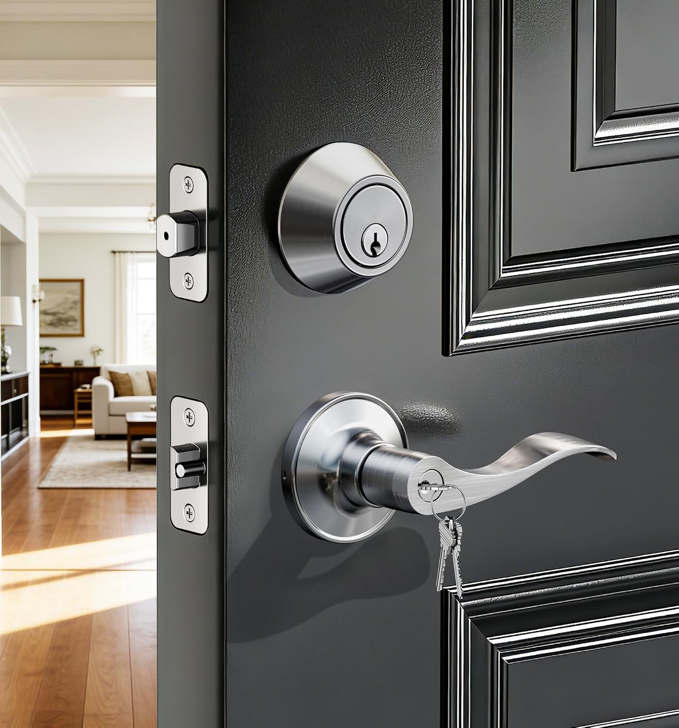 Detalle de Veise Front Door Handle Lock Set Satin Nickel
