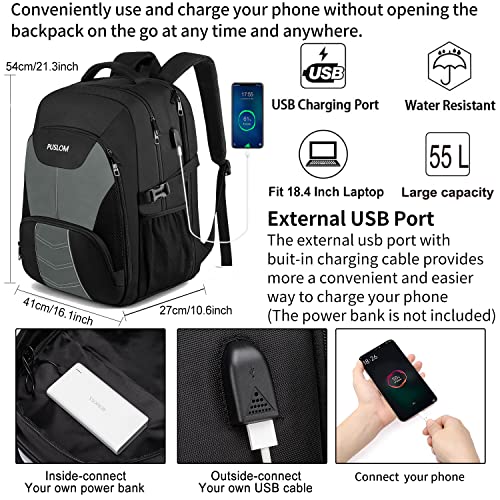 Detalle de Sac à Dos Homme Grand 55L PUSLOM 18,4'' – Antivol, USB et Imperméable, idéal voyage et travail