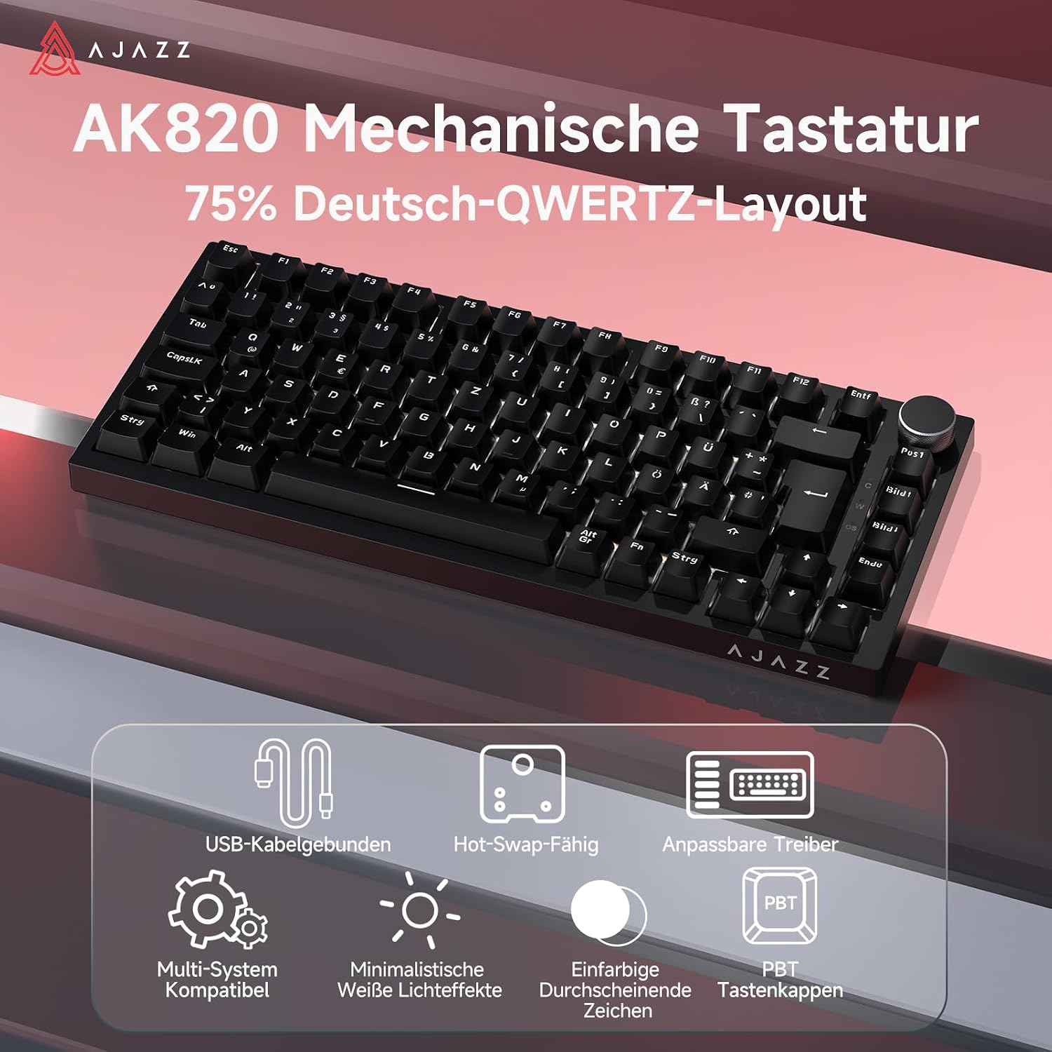 Detalle 2 de AJAZZ AK820 75% mechanische Tastatur mit Hot-Swap, German QWERTZ, PBT-Tastenkappen, Lautstärkeregler und Klangdämpfung