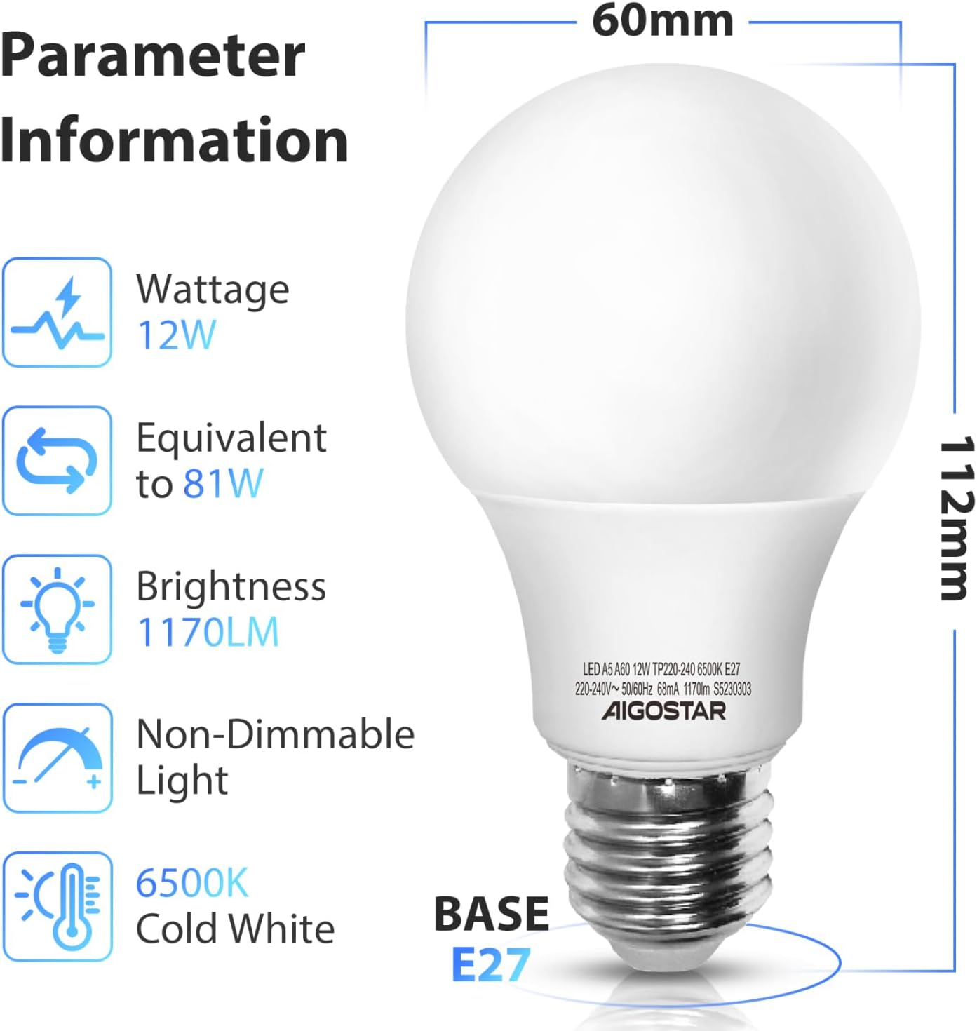 Thumbnail 1 de Aigostar Lampadina LED E27 12W – 1170 lm, luce bianca fredda 6500K (pacco da 5)