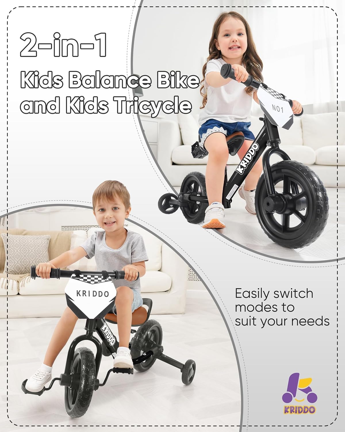 Thumbnail 1 de KRIDDO 2-in-1 Kids Tricycle and Toddler Balance Bike (18 Months–3 Years) with Detachable Pedals and Stowable Training Wheels, Black