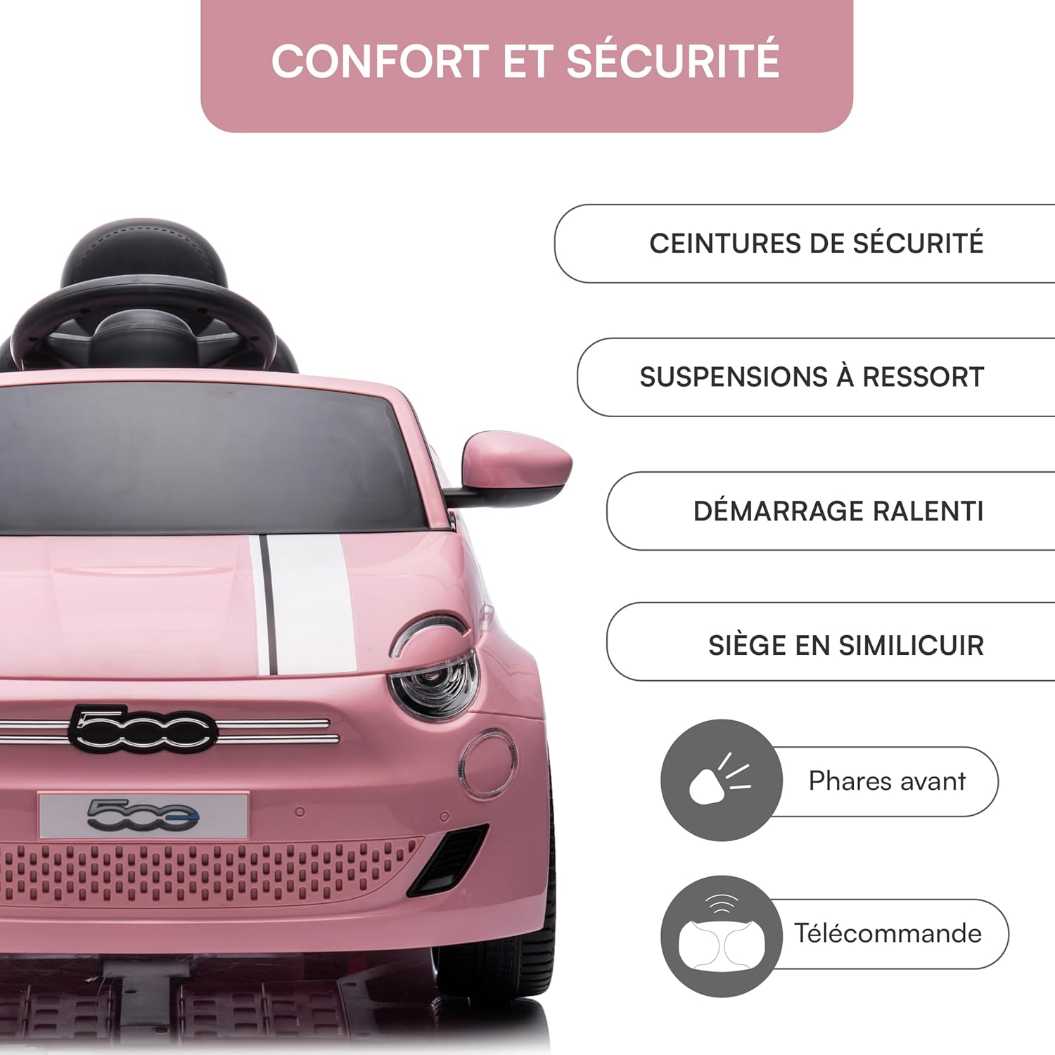 Detalle 2 de Baroni Toys Fiat 500 Voiture électrique enfant 12V avec télécommande – version rose, 1–4 ans