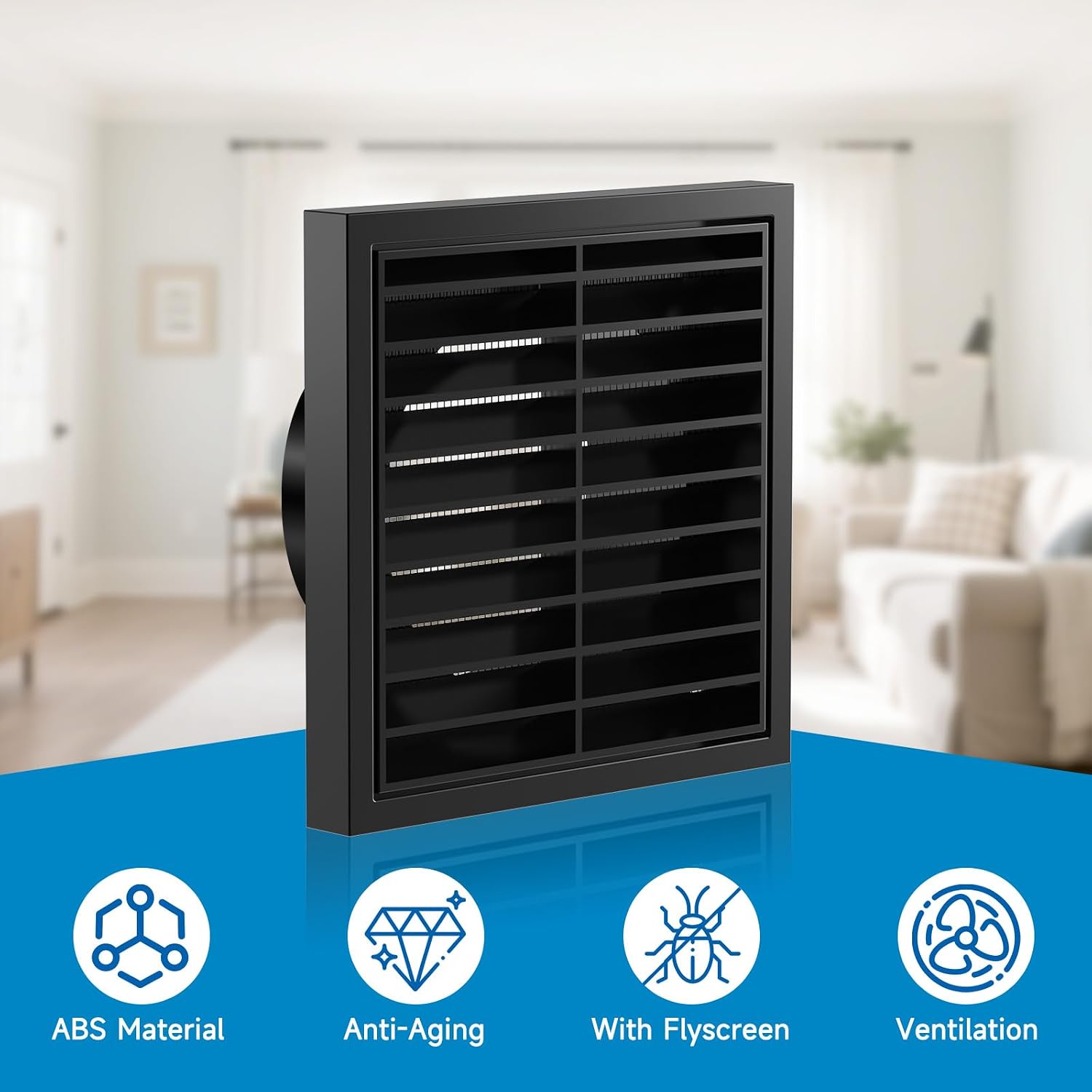 Thumbnail 2 de Hon&Guan 100mm Black Louvred Wall Vent Grille with Flyscreen