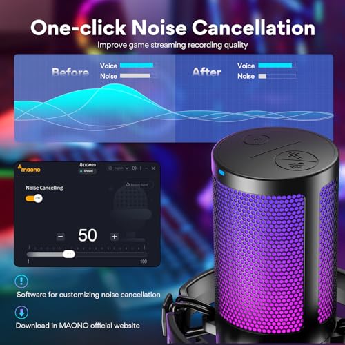 Detalle de MAONO Microfono Gaming USB con cancelación de ruido y RGB – ideal para streaming y podcast