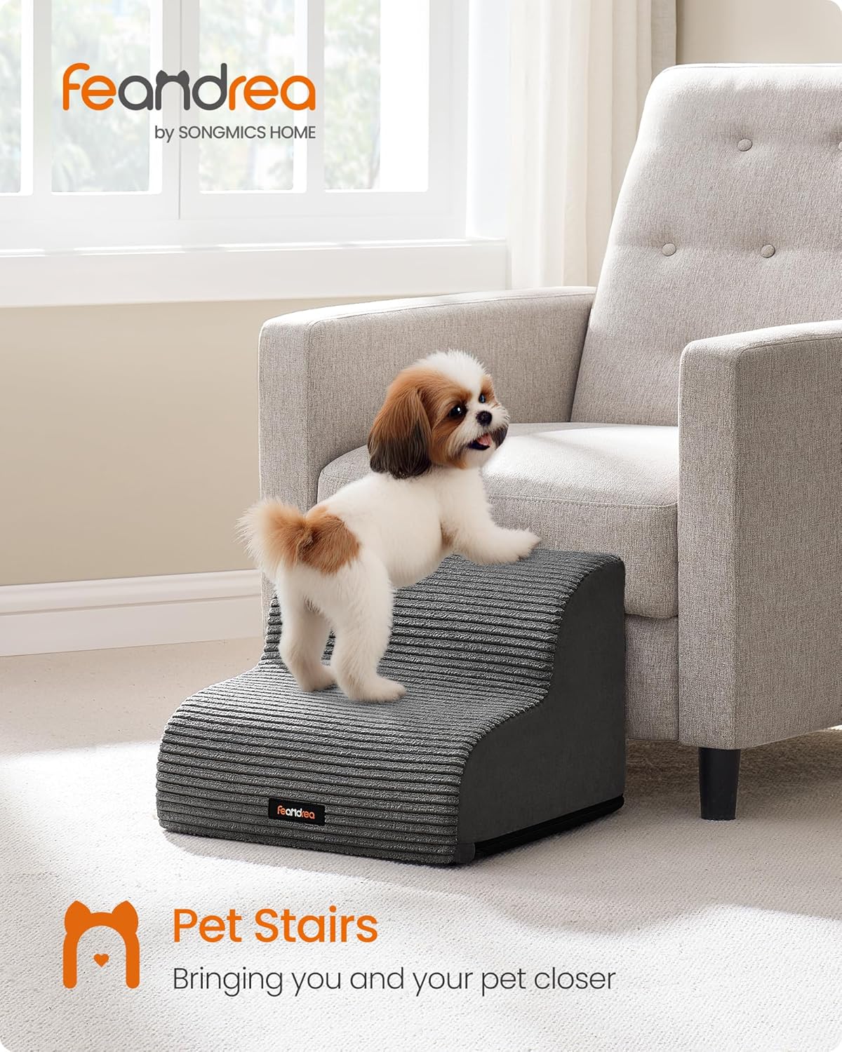 Detalle 2 de Feandrea 2-Step Dog Stairs (Corduroy) – Slim, non-slip pet steps for bed and sofa