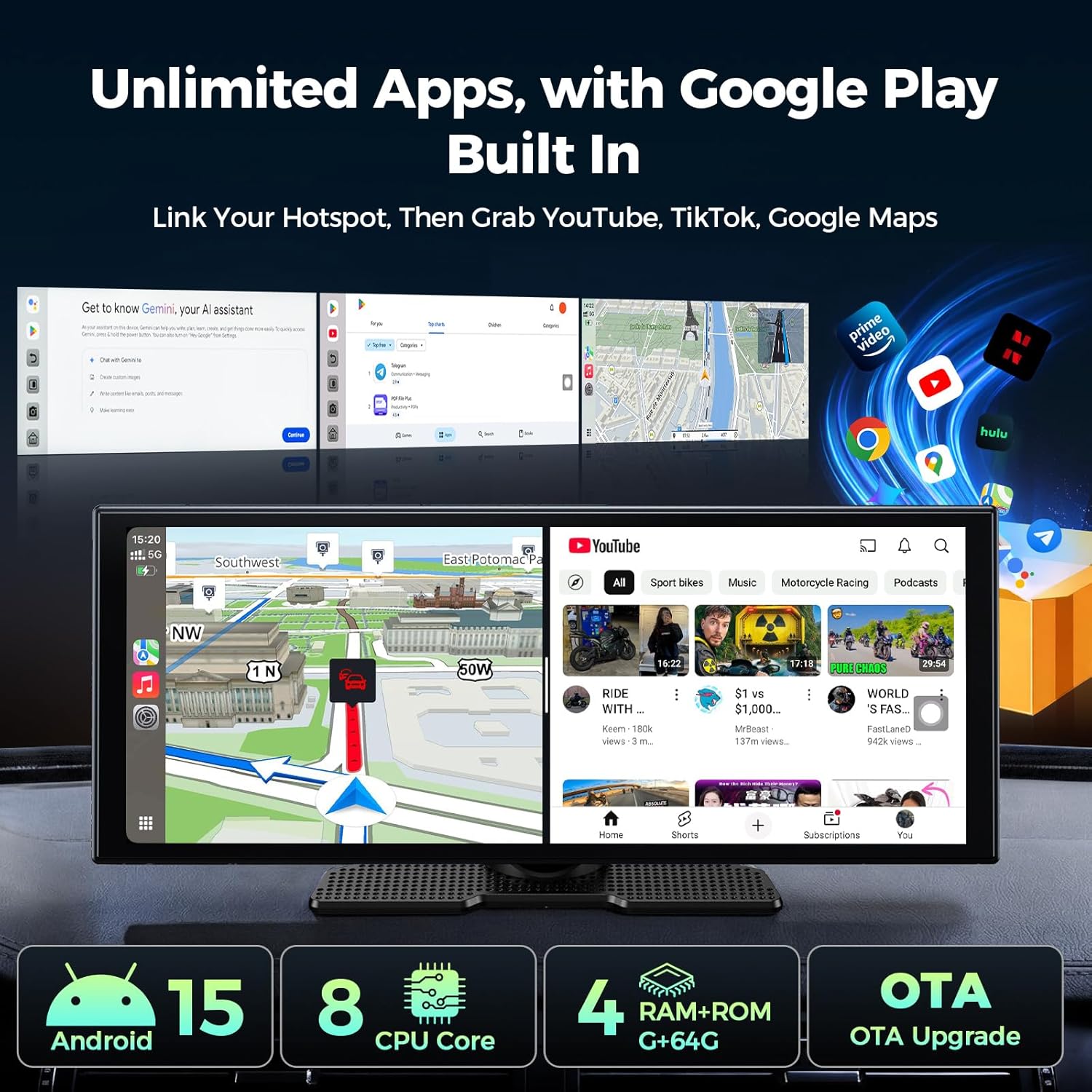 Thumbnail 2 de LAMTTO 11'' AI CarPlay Screen with Gemini AI, Google Play Apps, and 8-Core Performance