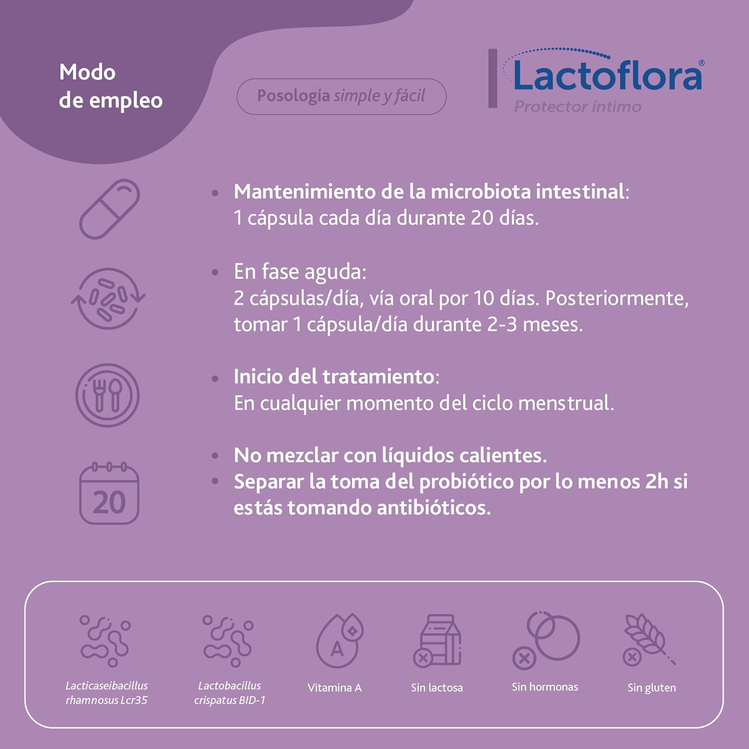 Detalle de LACTOFLORA Protector Íntimo Mujer con probióticos y Vitamina A (20 cápsulas)