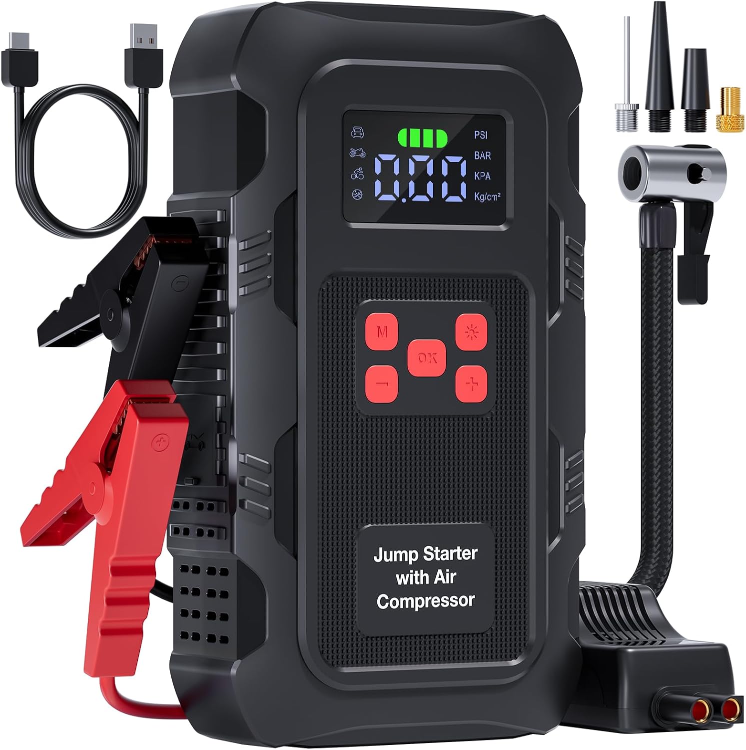 Detalle de Povasee Starthilfe Powerbank für Pkw mit Kompressor – 6000A, 150 PSI, LED-Beleuchtung, USB-C