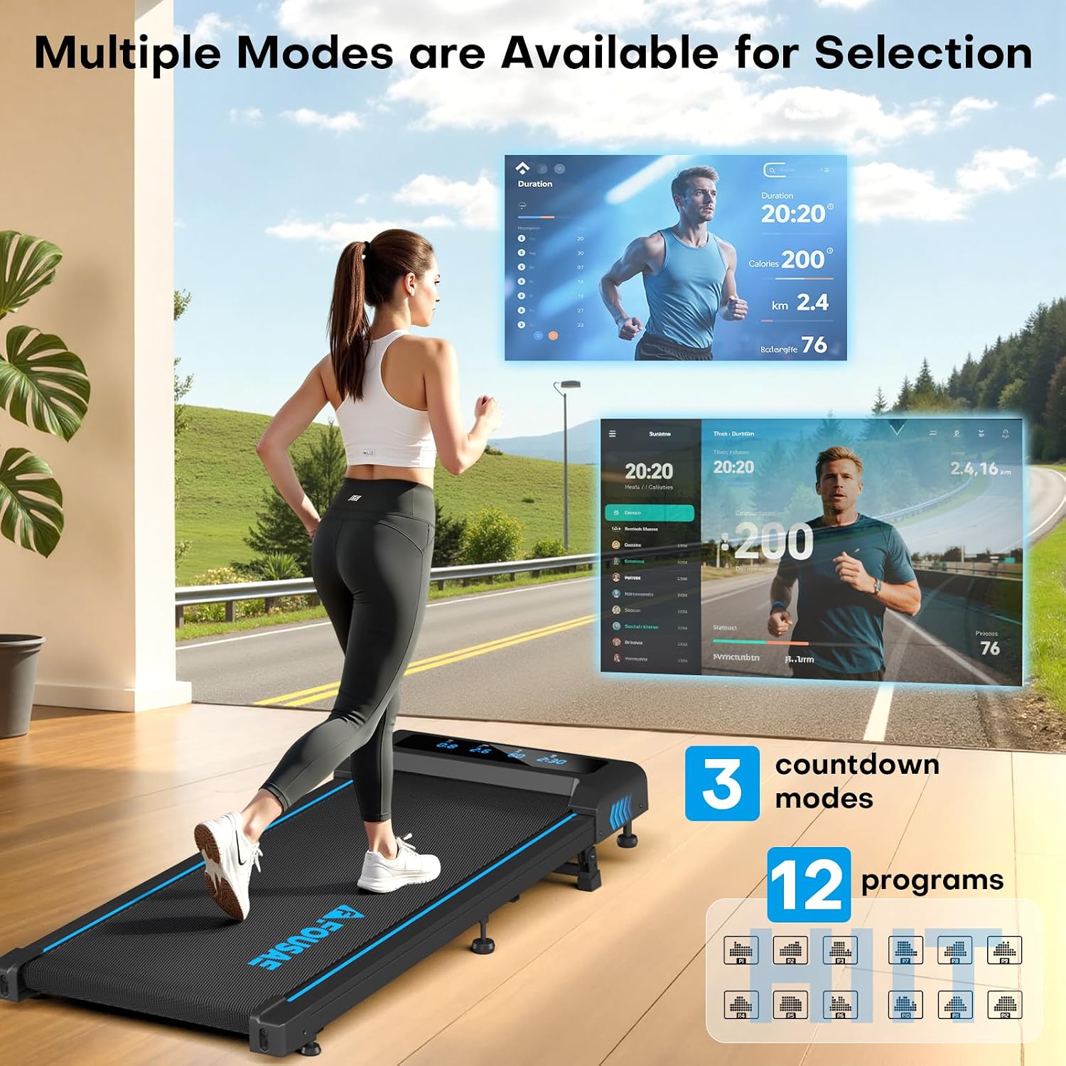 Detalle 1 de FOUSAE Walking Pad Treadmill with 9% Incline, LED Display and 12 HIIT Programs