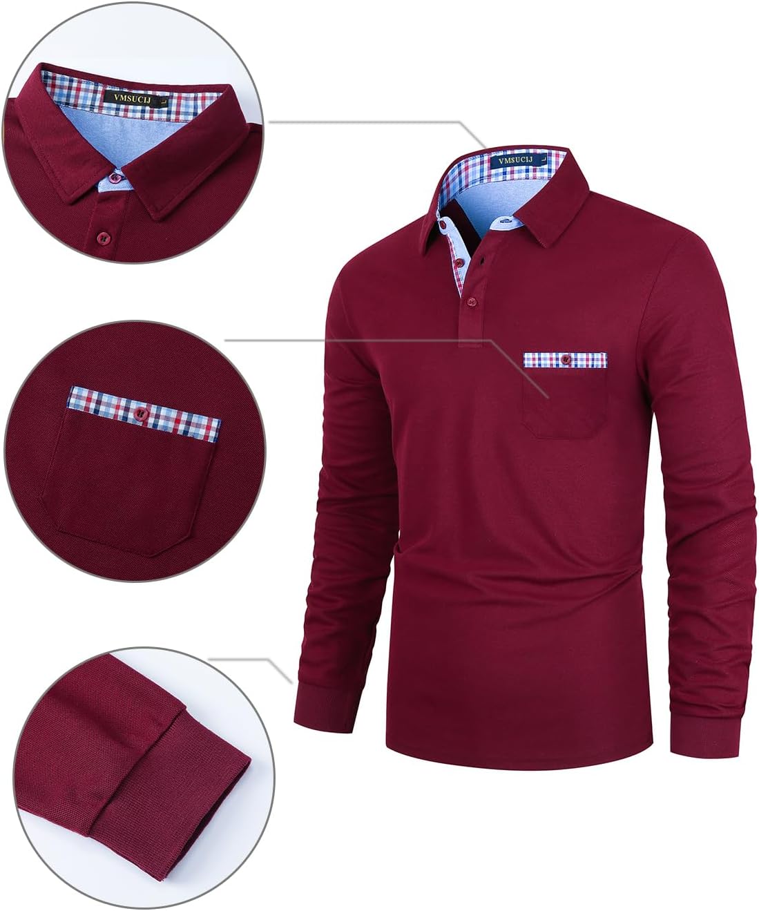 Thumbnail 2 de Herren Langarm-Poloshirt aus Baumwolle VMSUCIJ – Regular Fit mit Brusttasche, 3 Knöpfen und Karo-Kontrast