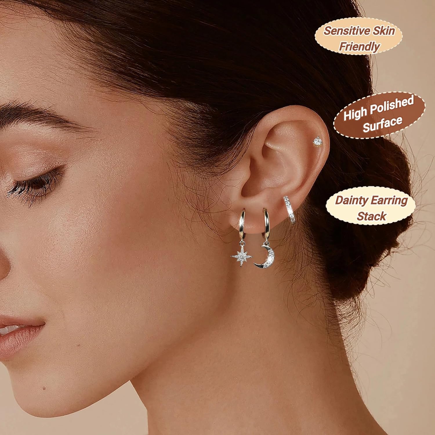 Thumbnail 3 de MACACHII 3 Pairs Small Hoop Earrings Set with 925 Sterling Silver Posts and CZ accents