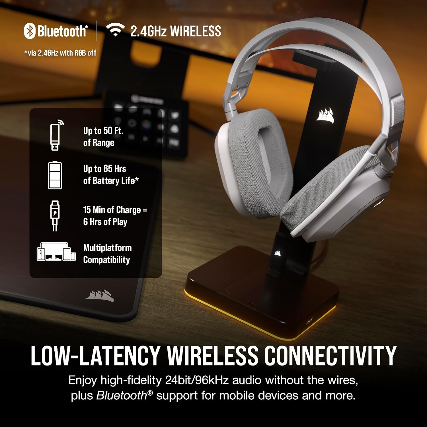 Detalle de Corsair HS80 MAX Wireless 2.4GHz + Bluetooth Gaming Headset (White) | Dolby Atmos, SonarWorks SoundID