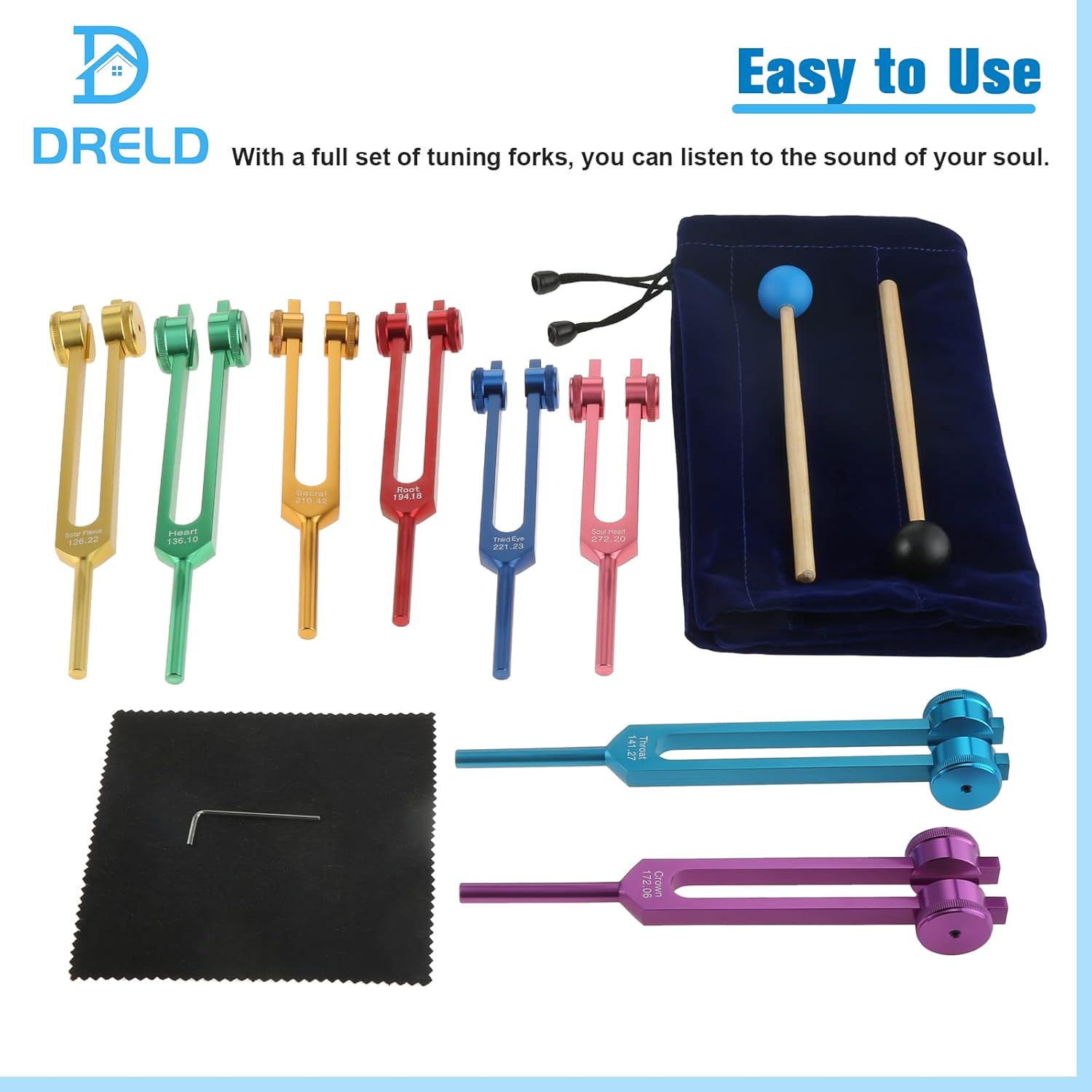 Detalle de Chakra Tuning Forks Set — 8-Tone Chakra & Soul Purpose Kit with Mallets, Cleaning Cloth & Pouch