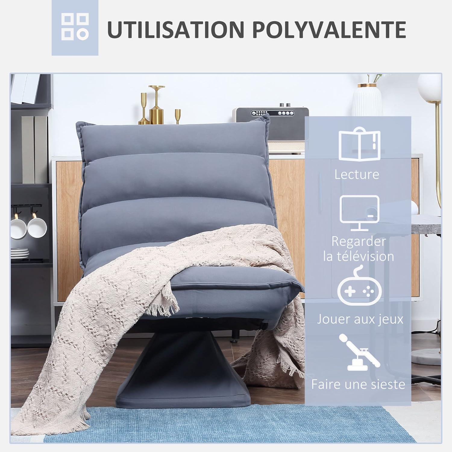 Thumbnail 6 de HOMCOM Fauteuil de sol paresseux pivotant 360° avec dossier inclinable gris capitonné
