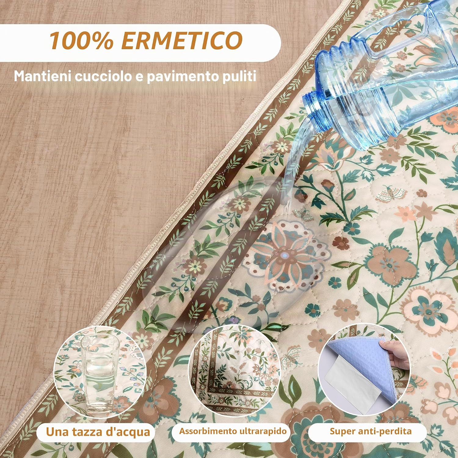 Detalle de BaoDan Traversine Lavabili per Cani 2 Pezzi 122x122 cm – Tappetini igienici riutilizzabili con fondo antiscivolo, stampa floreale marrone