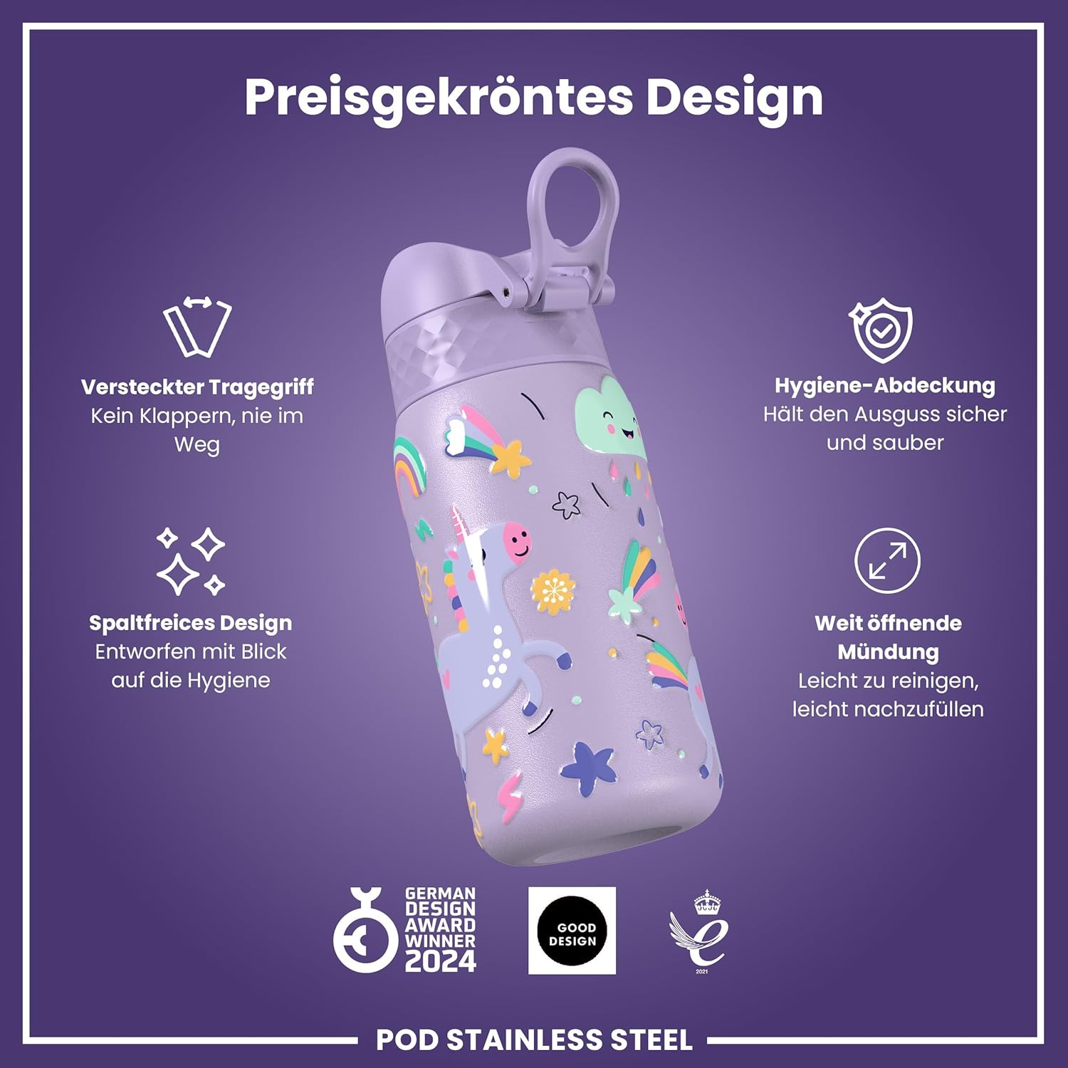 Detalle de Ion8 Edelstahl-Trinkflasche 400 ml – leicht, auslaufsicher, Einhandöffnung, violettes Einhorn